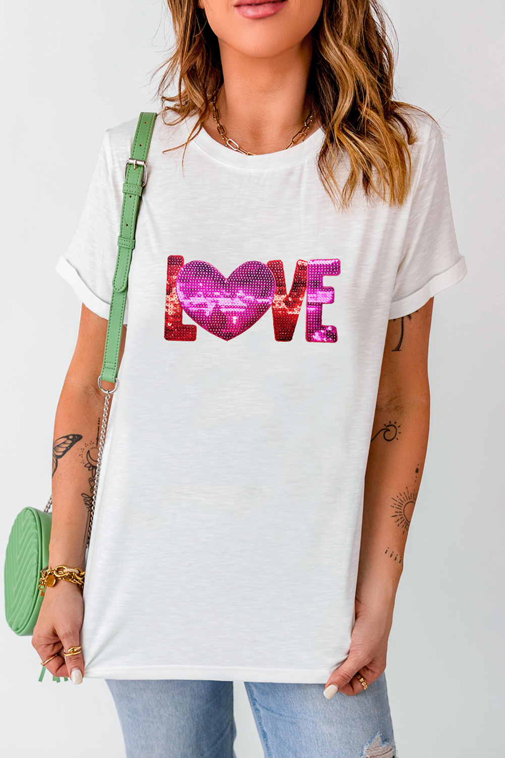 White Heart LOVE Patched Pattern Crewneck Valentines T Shirt-Graphic Tees-[Adult]-[Female]-2022 Online Blue Zone Planet