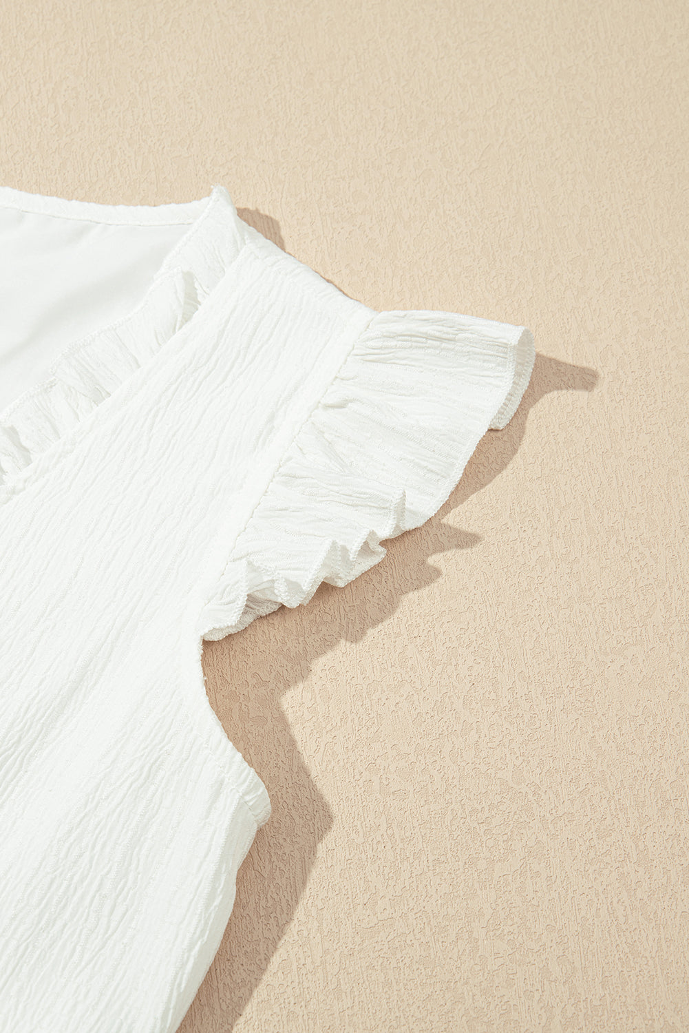 White Textured Ruffled Trim V Neck Flutter Flowy Top-Tops/Blouses & Shirts-[Adult]-[Female]-2022 Online Blue Zone Planet