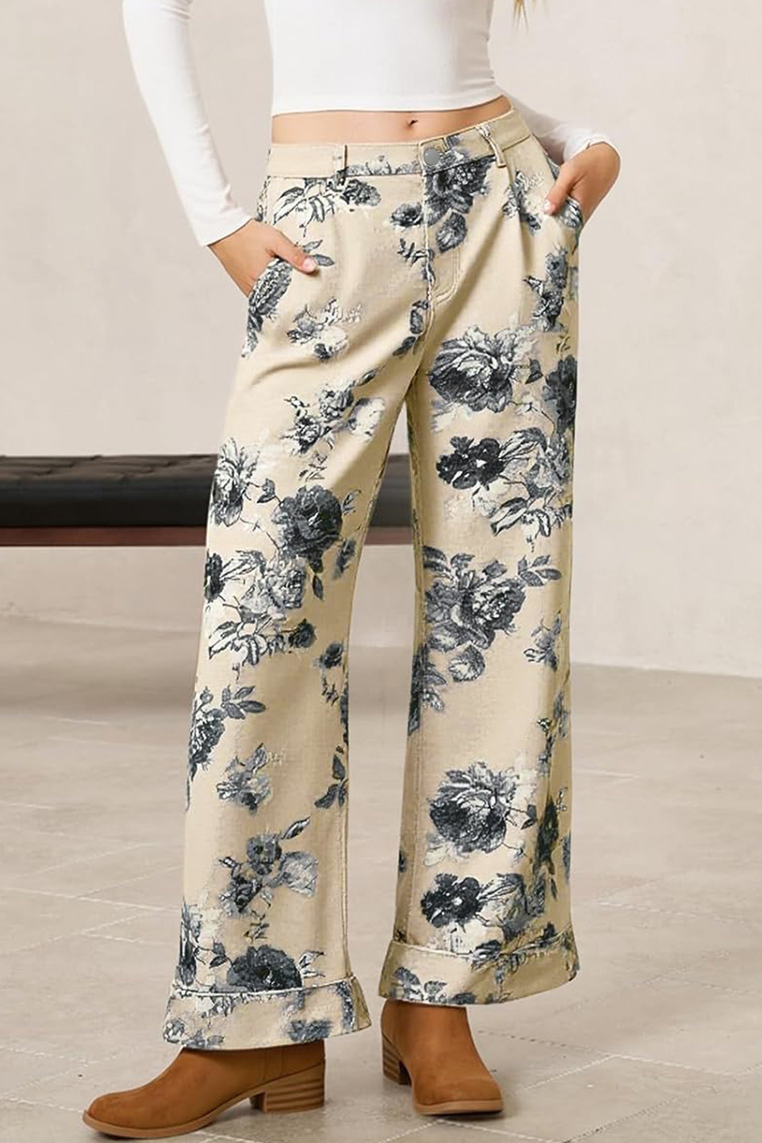 Beige Retro Floral Print Turn-up Cuffed Hem Loose Jeans-Bottoms/Jeans-[Adult]-[Female]-2022 Online Blue Zone Planet