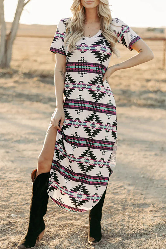 Beige Western Aztec Printed Long T-shirt Dress-Dresses/T Shirt Dresses-[Adult]-[Female]-Beige-S-2022 Online Blue Zone Planet