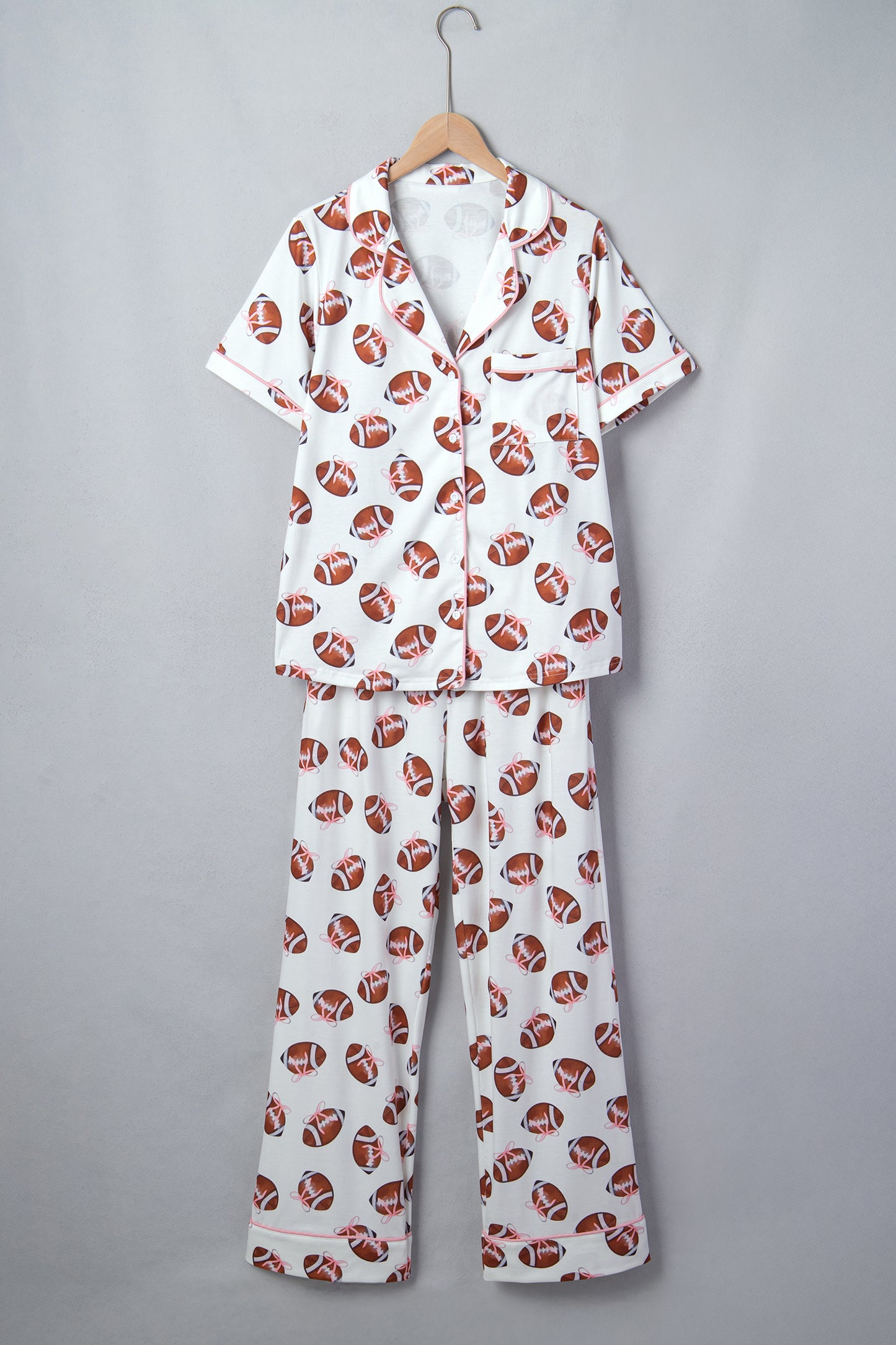 White Rugby Print Short Sleeve Button Down Top Loose Pants Game Day Pajama Set-Loungewear & Sleepwear/Sleepwear-[Adult]-[Female]-2022 Online Blue Zone Planet