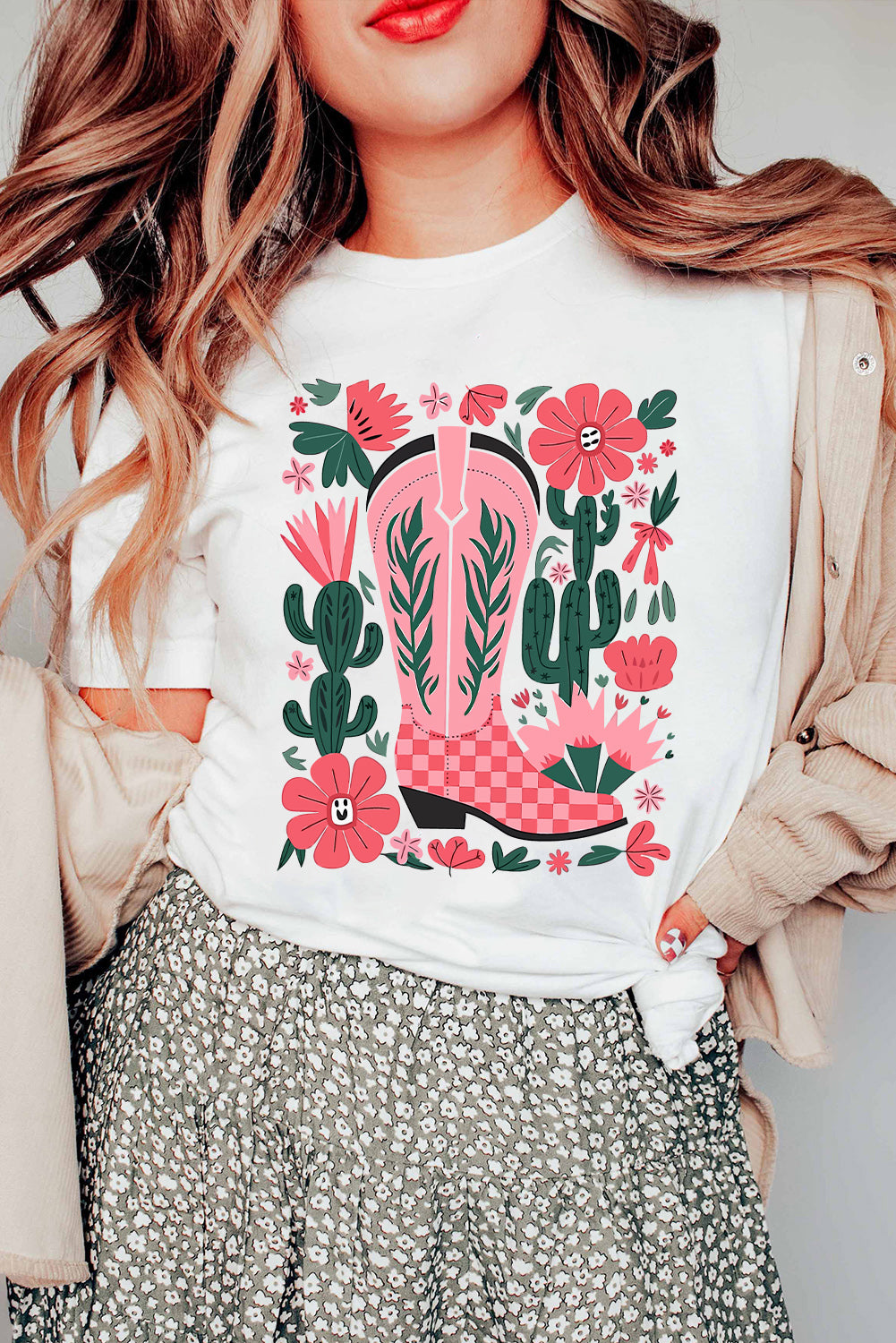 White Western Boots Flower Print Round Neck T Shirt-Graphic/Graphic Tees-[Adult]-[Female]-2022 Online Blue Zone Planet