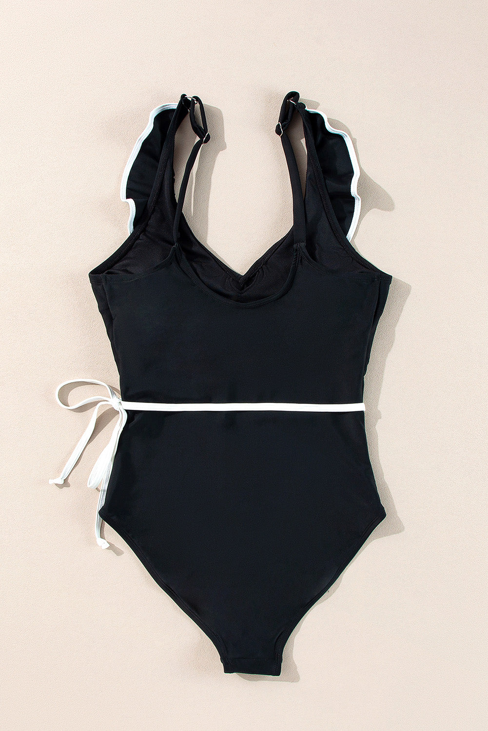 Black Color Contrast Ruffled Wrap V Neck Swimsuit-Swimwear/One Piece Swimsuit-[Adult]-[Female]-2022 Online Blue Zone Planet