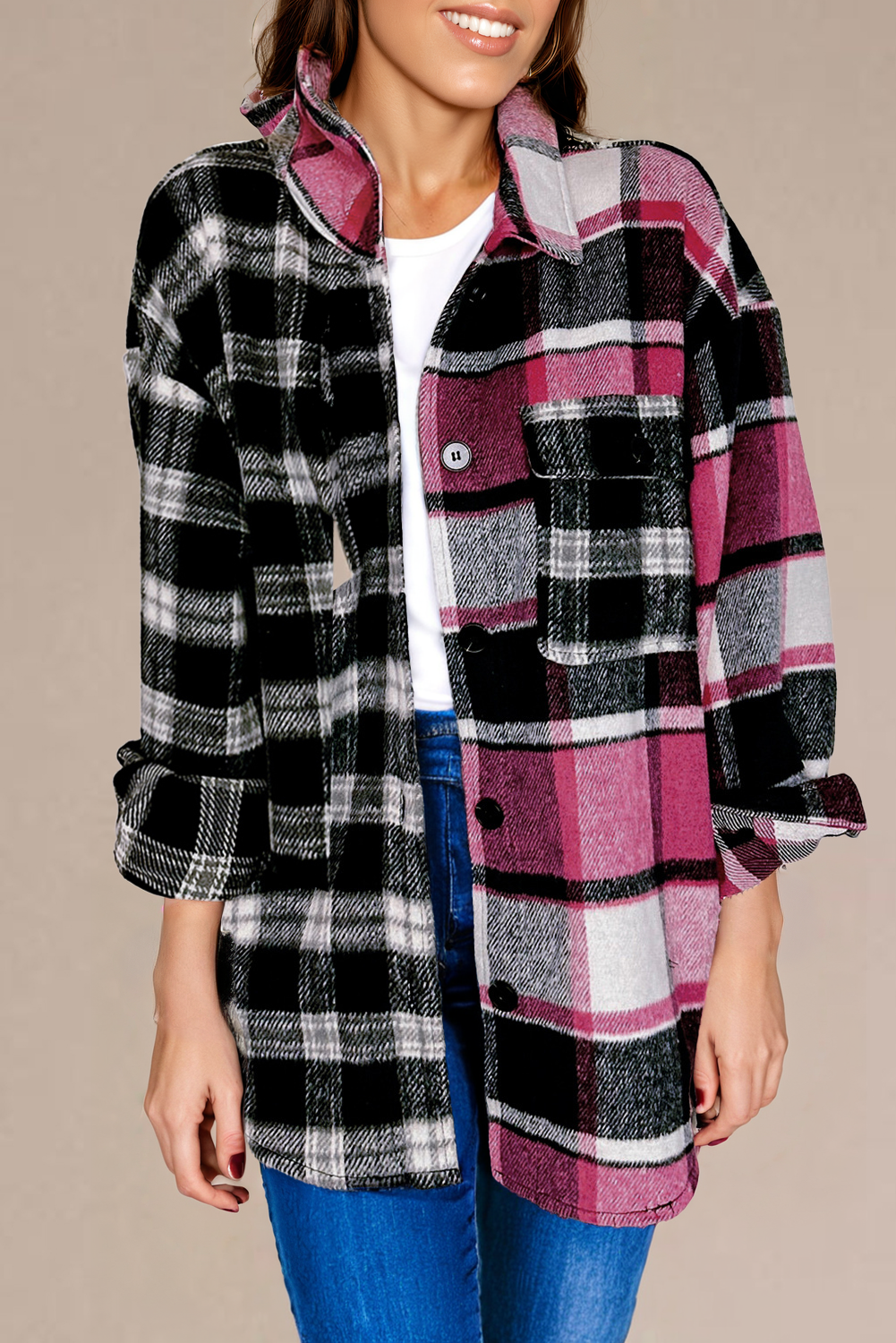 Blue Zone Planet | Black Plaid Colorblock Loose Shacket-Outerwear/Plaid Shackets-[Adult]-[Female]-2022 Online Blue Zone Planet
