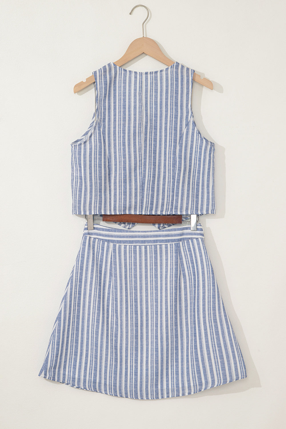 Sky Blue Stripe Buttoned Office Waistcoat Mini Skirt Set-Two Piece Sets/Two Piece Dresses-[Adult]-[Female]-2022 Online Blue Zone Planet