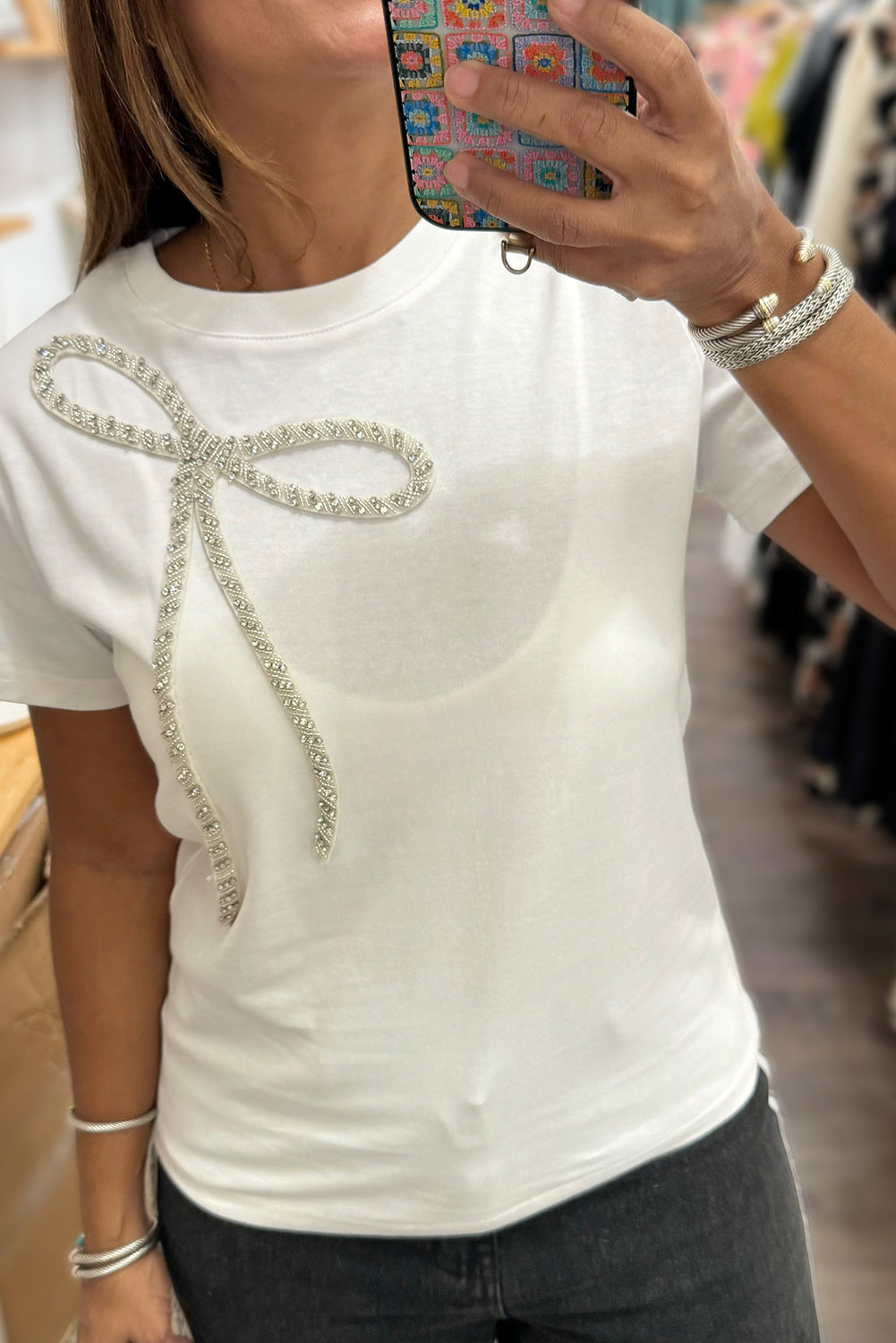 White Rhinestone Bow Embellished Round Neck Tee-Tops/Tops & Tees-[Adult]-[Female]-2022 Online Blue Zone Planet