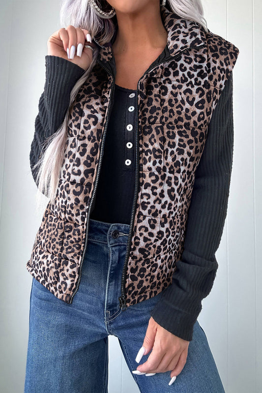 Brown Leopard Quilted Full Zipper Casual Puff Vest-Outerwear/Vests-[Adult]-[Female]-Brown-S-2022 Online Blue Zone Planet