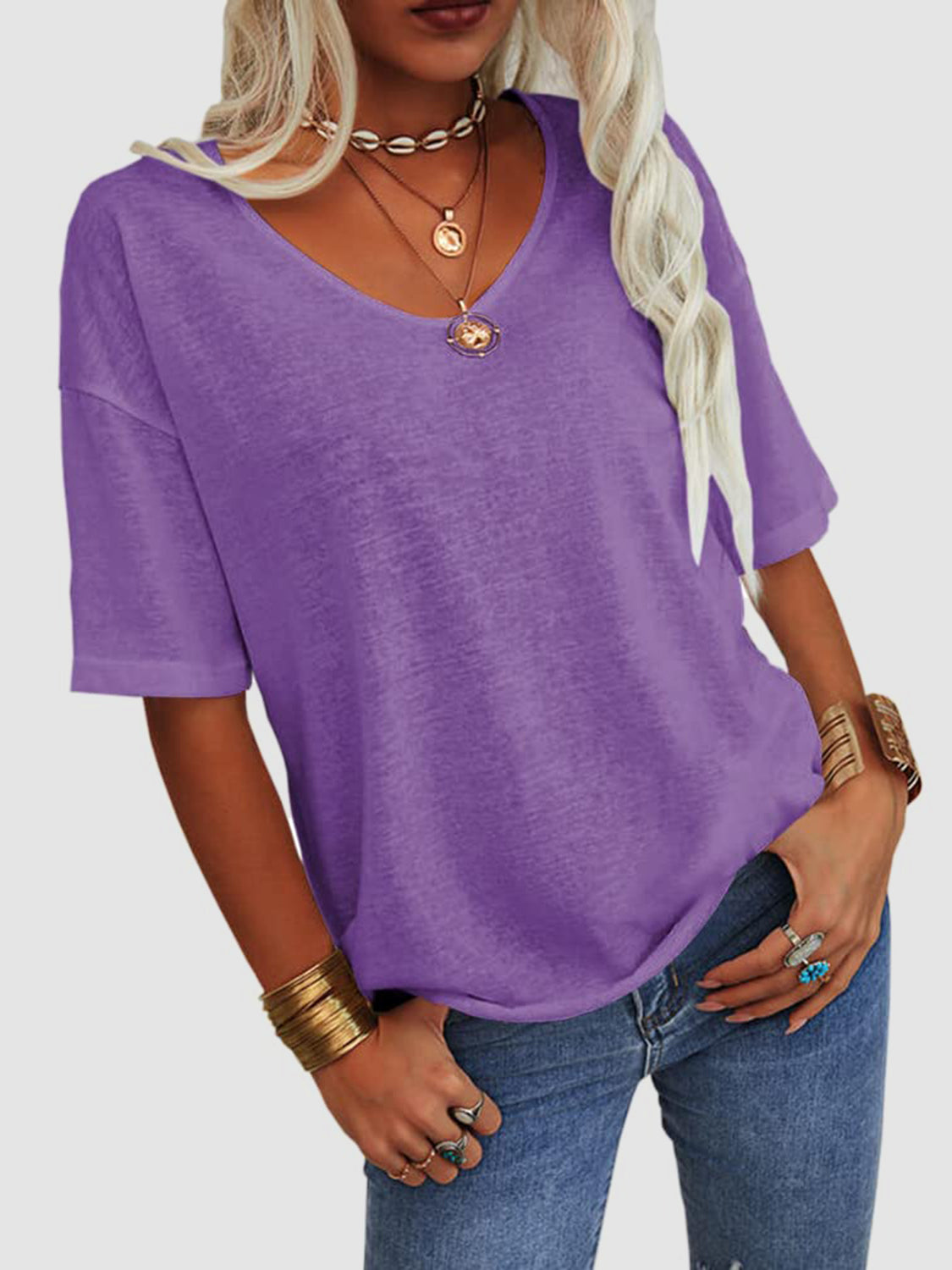 V-Neck Dropped Shoulder Half Sleeve T-Shirt-TOPS / DRESSES-[Adult]-[Female]-Lavender-S-2022 Online Blue Zone Planet