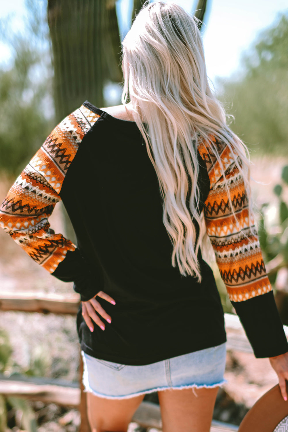 Orange Geo Print Raglan Patchwork Long Sleeve Tee-Tops/Long Sleeve Tops-[Adult]-[Female]-2022 Online Blue Zone Planet