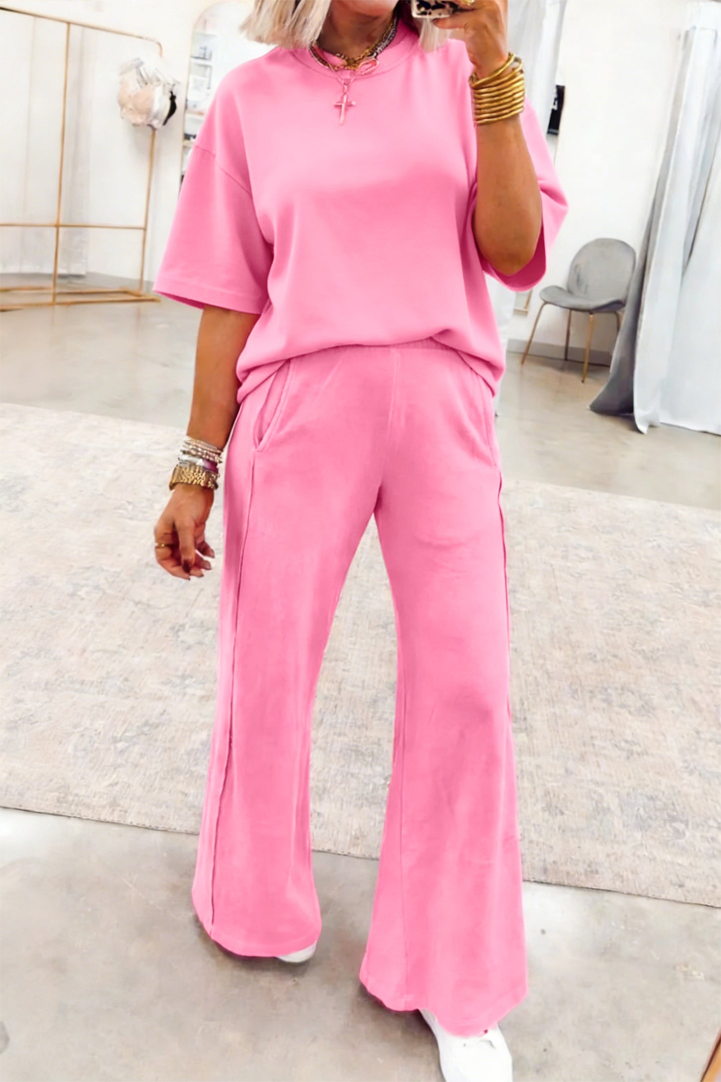 Sachet Pink Solid Cover Oversize Tee Pocketed Casual Pants 2pcs Outfit-Two Piece Sets/Pant Sets-[Adult]-[Female]-Sachet Pink-S-2022 Online Blue Zone Planet