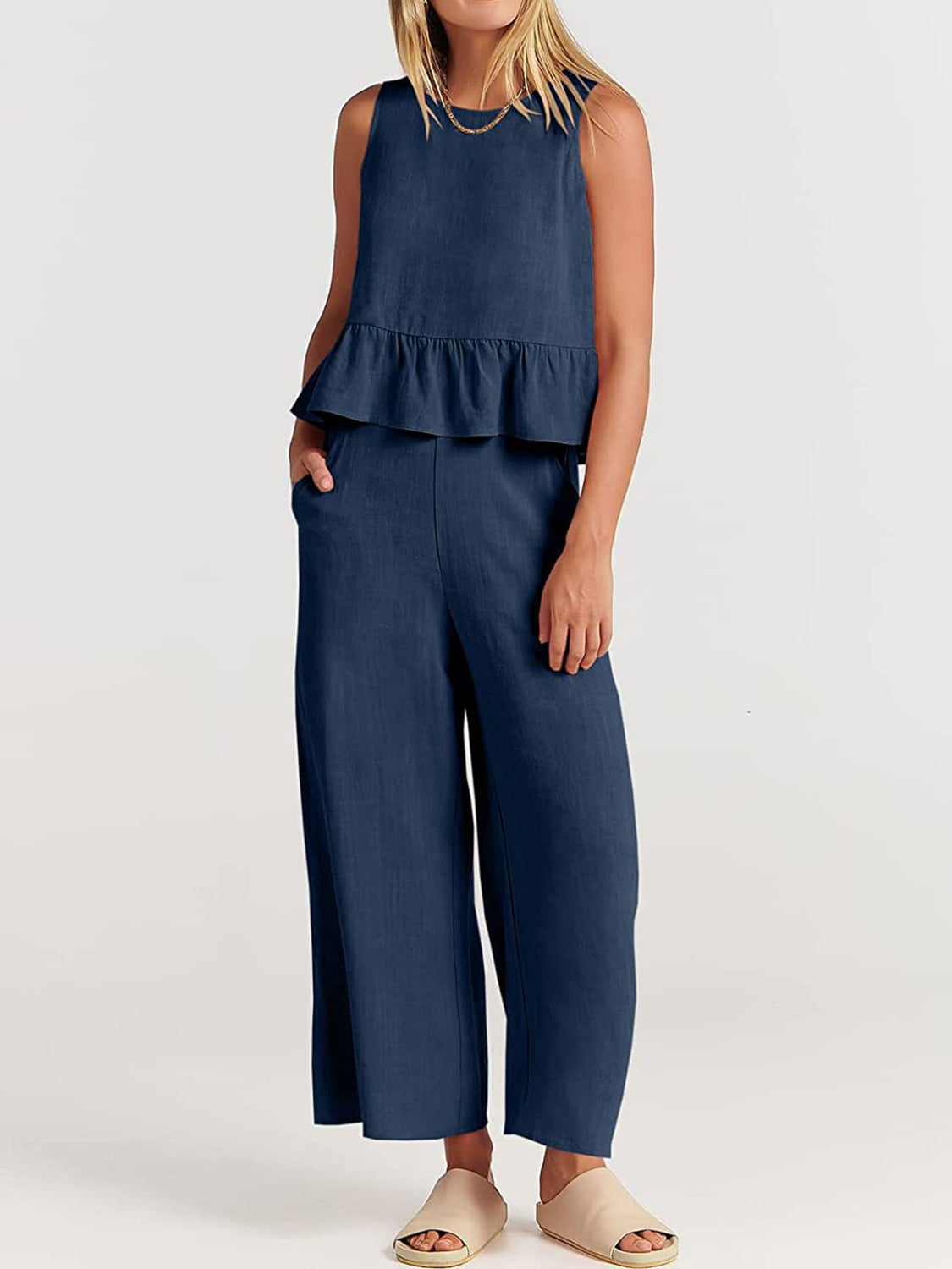 Blue Zone Planet | Full Size Round Neck Top and Wide Leg Pants Set-TOPS / DRESSES-[Adult]-[Female]-Dark Blue-S-2022 Online Blue Zone Planet