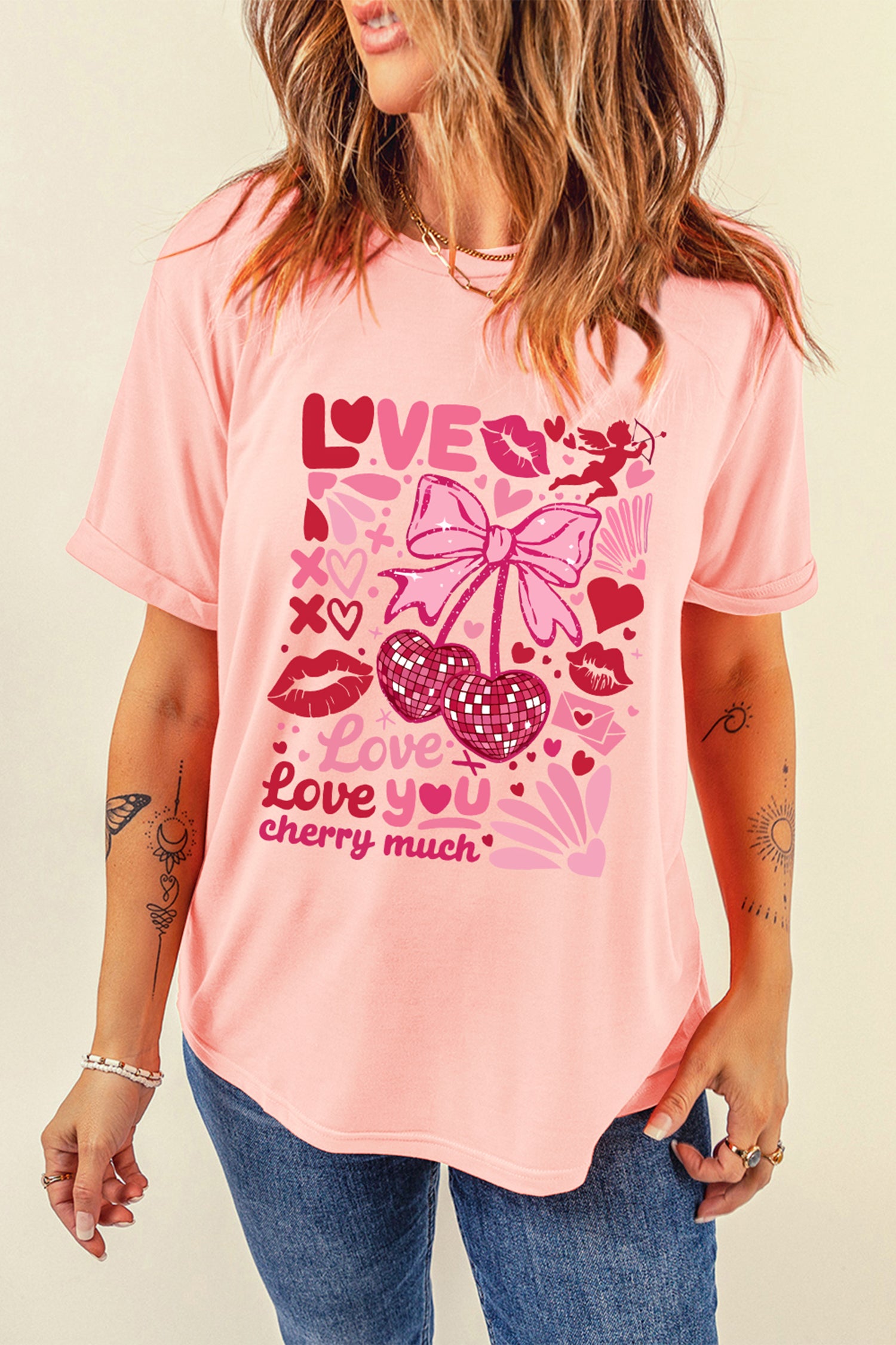 Pink Love You Cherry Much Valentines Day Graphic Tee-Graphic Tees-[Adult]-[Female]-2022 Online Blue Zone Planet
