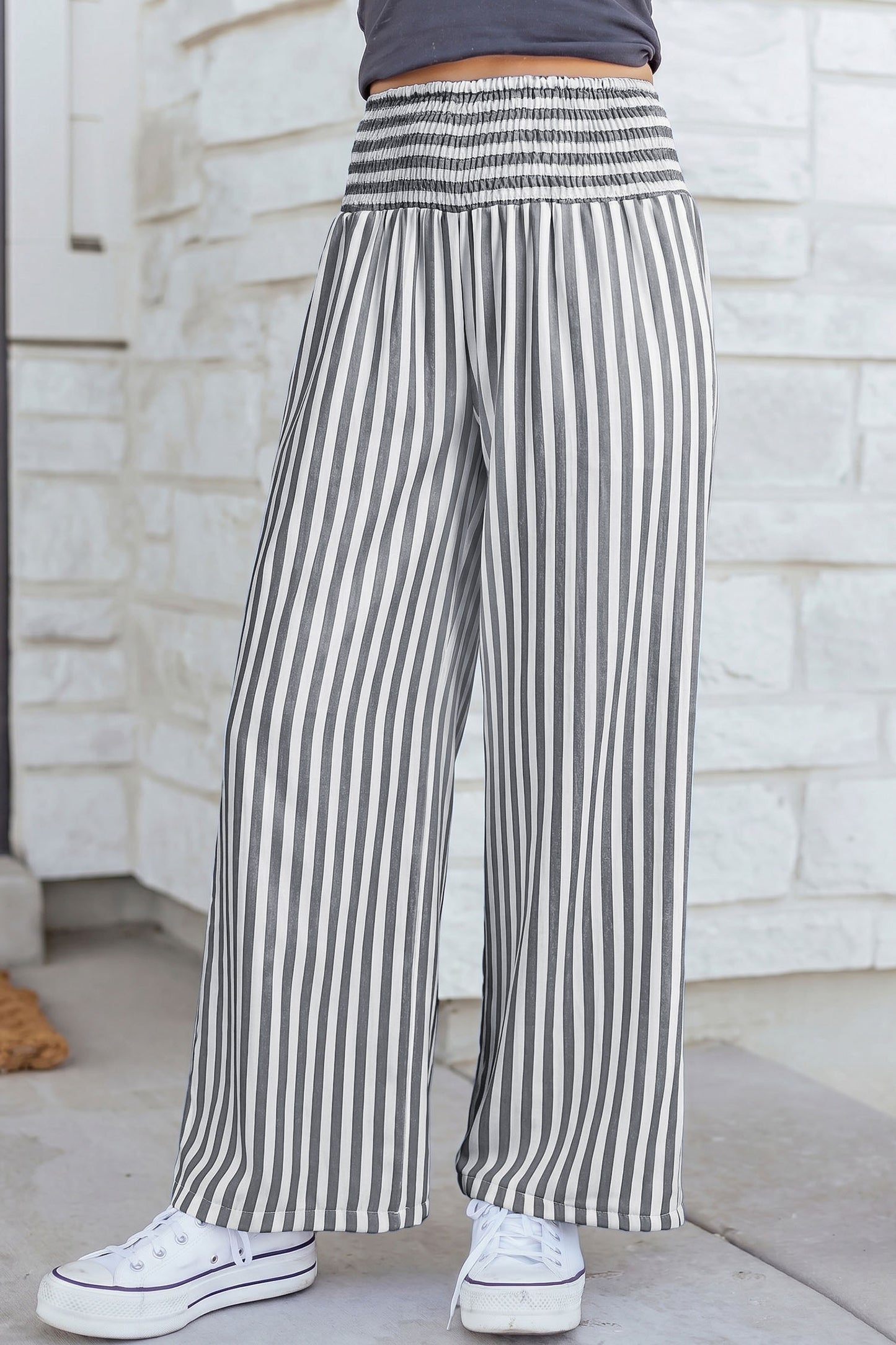 Sky Blue Stripe Shirred High Waist Loose Summer Pants-Bottoms/Pants & Culotte-[Adult]-[Female]-Black Stripe-S-2022 Online Blue Zone Planet