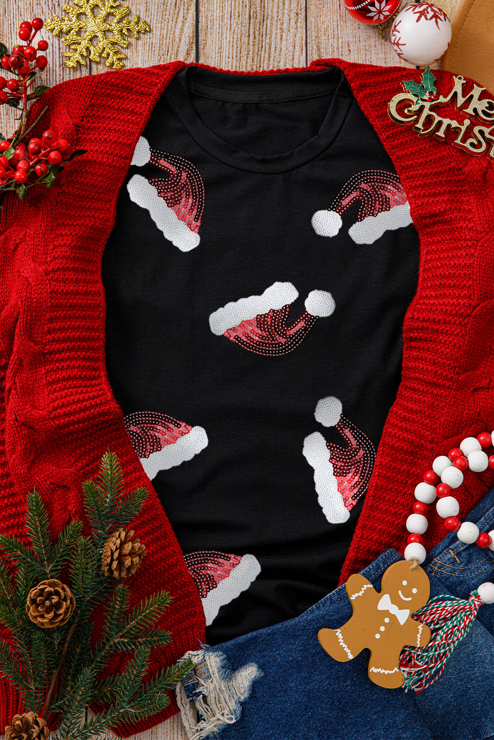 Blue Zone Planet |  Black Sequined Christmas Hat Patched Crewneck T Shirt