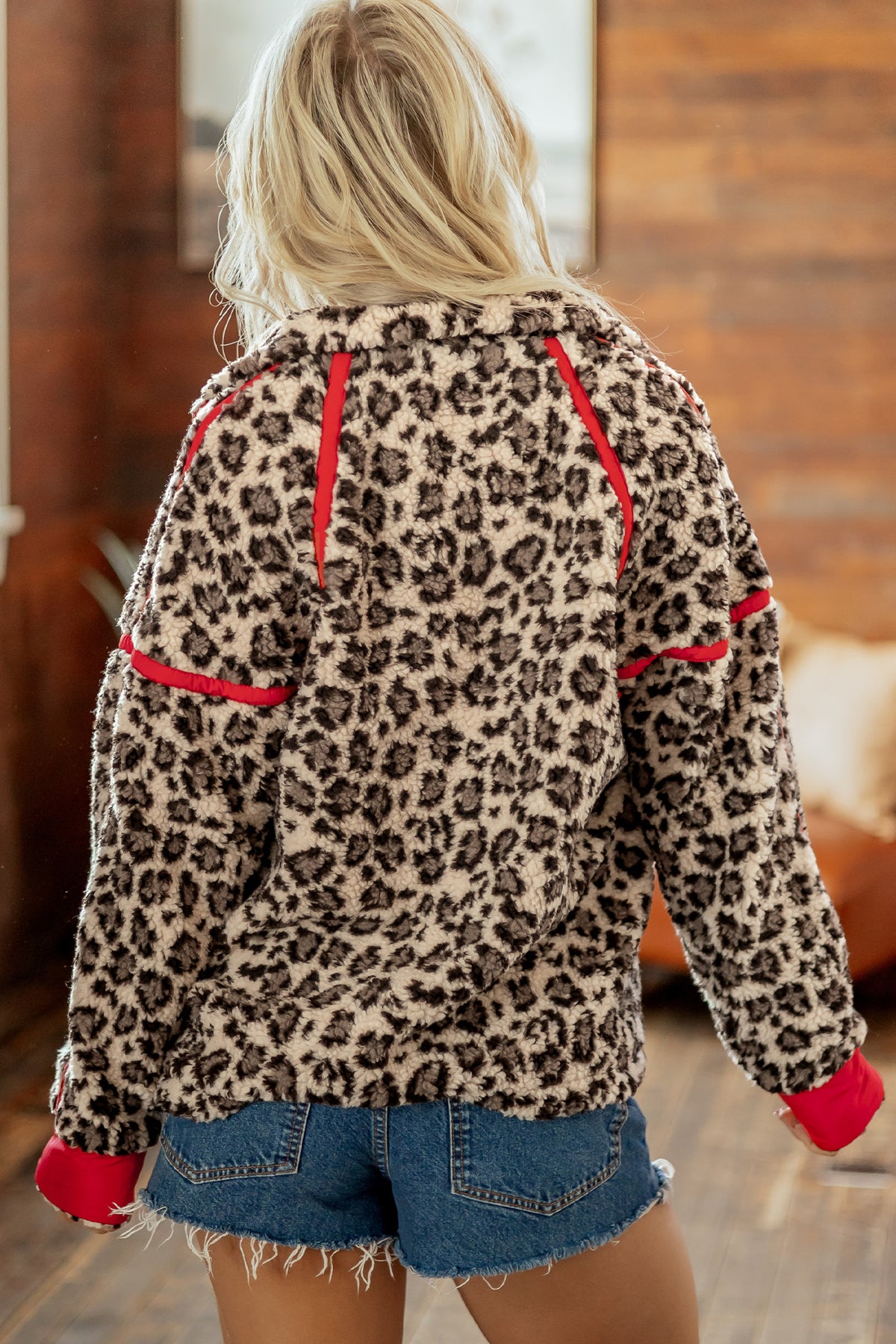 Brown Leopard Print Zip-Up Red Accents Pockets Sweatshirt