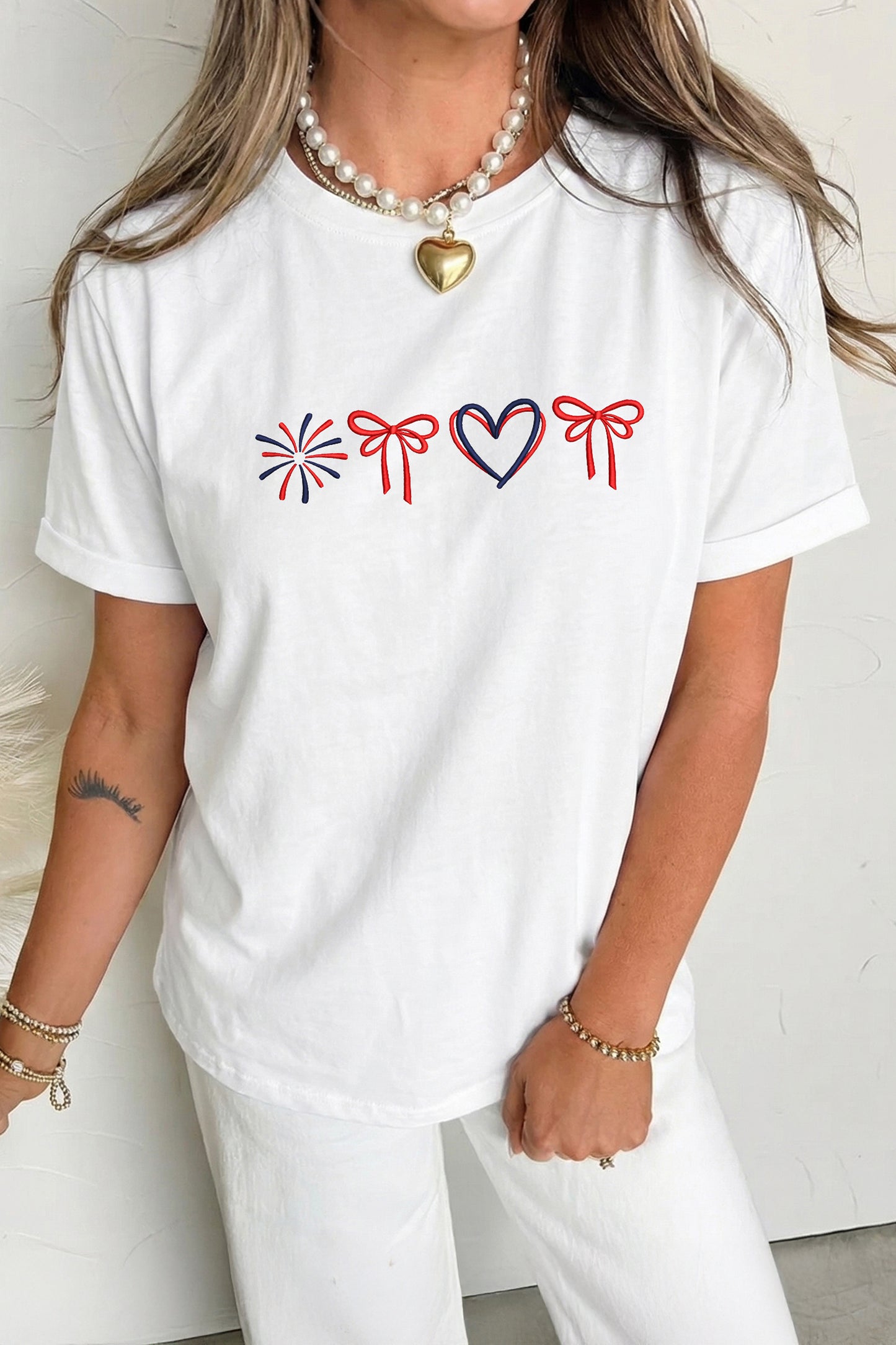 White Love July 4th Firework Bow Embroidered T Shirt-Graphic/Graphic Tees-[Adult]-[Female]-White-S-2022 Online Blue Zone Planet