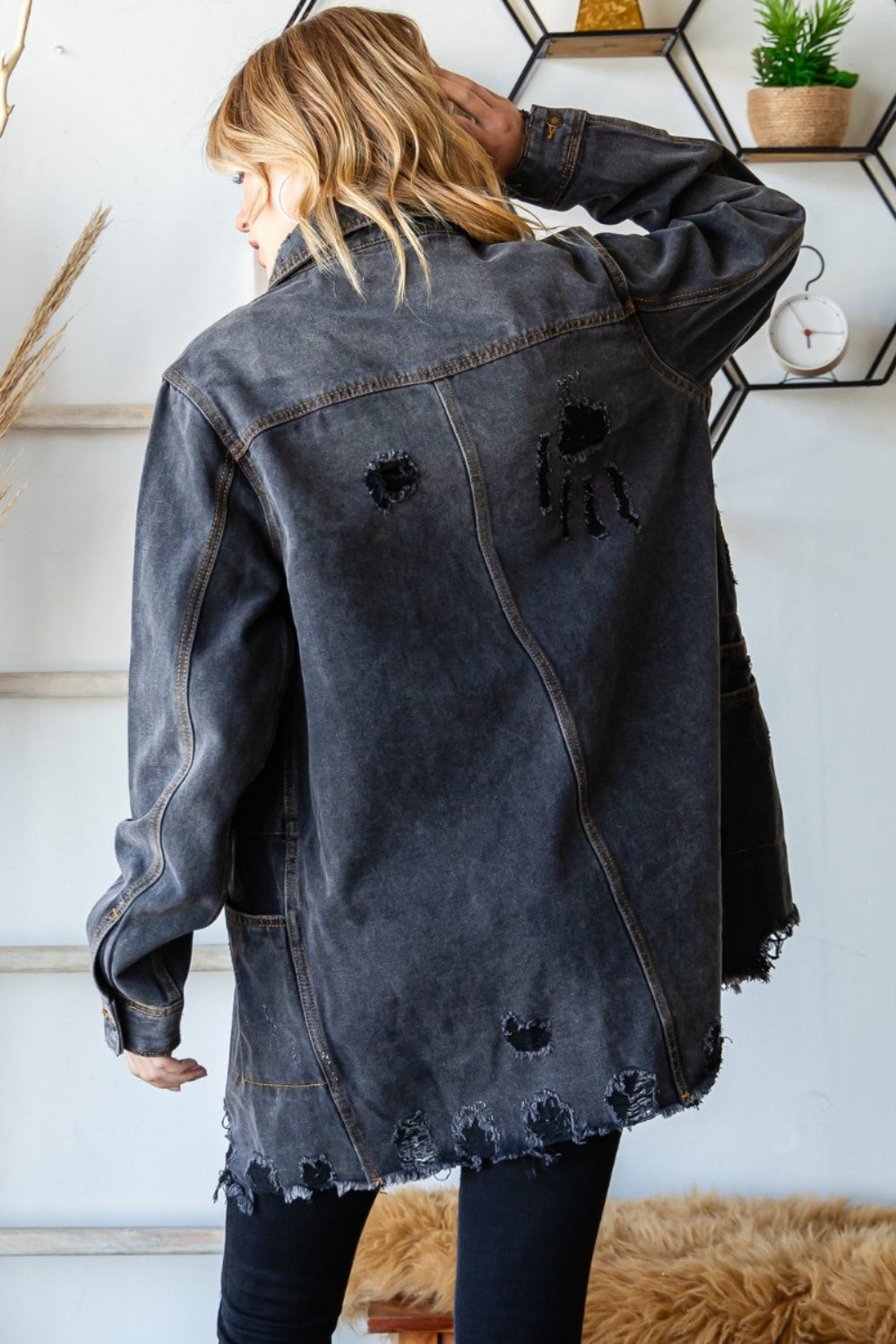 Veveret Button Up Distressed Frayed Hem Denim Jacket-TOPS / DRESSES-[Adult]-[Female]-2022 Online Blue Zone Planet