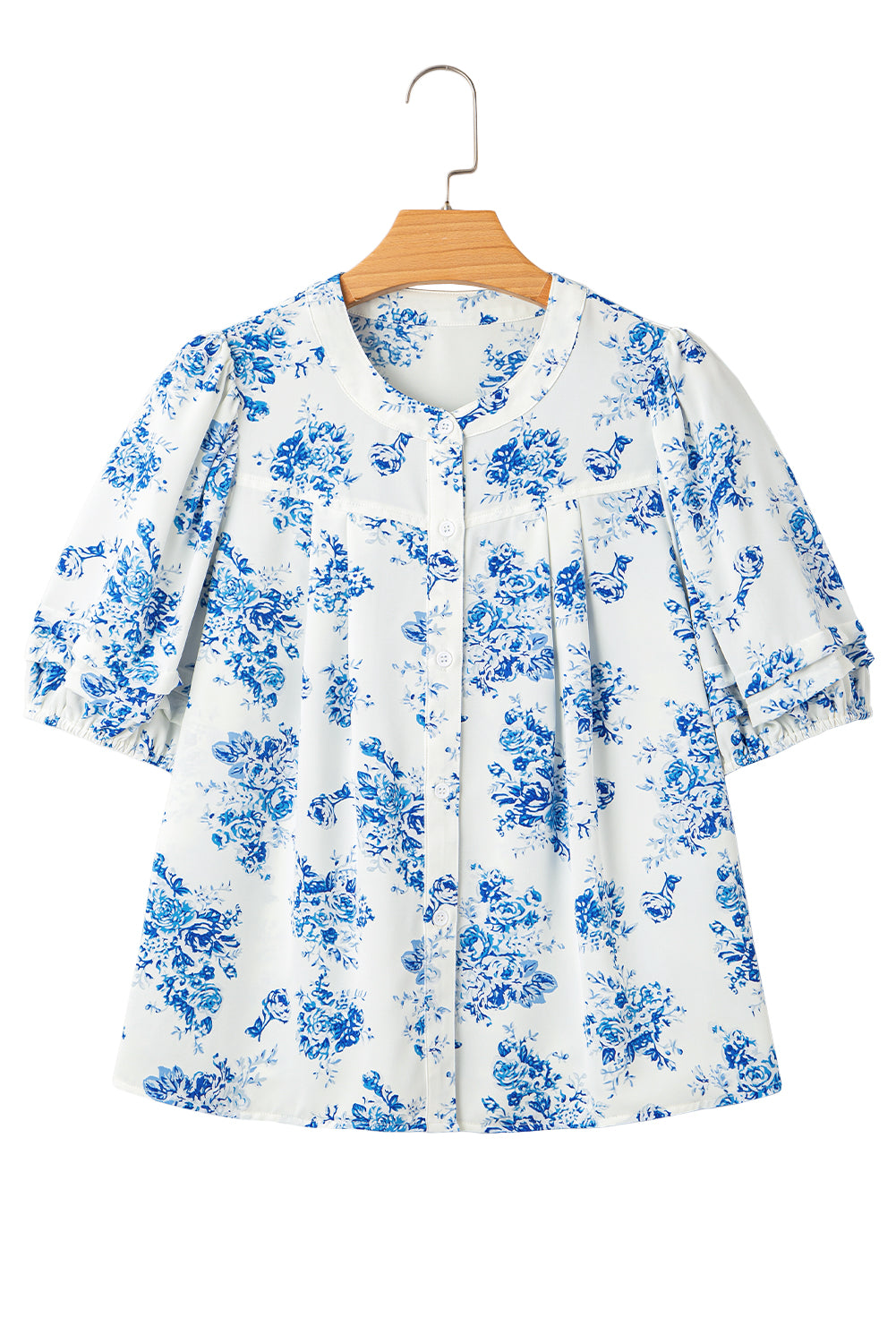 Sky Blue Floral Tiered Puff Short Sleeve Pleated Bust Buttoned Casual Shirt-Tops/Blouses & Shirts-[Adult]-[Female]-2022 Online Blue Zone Planet