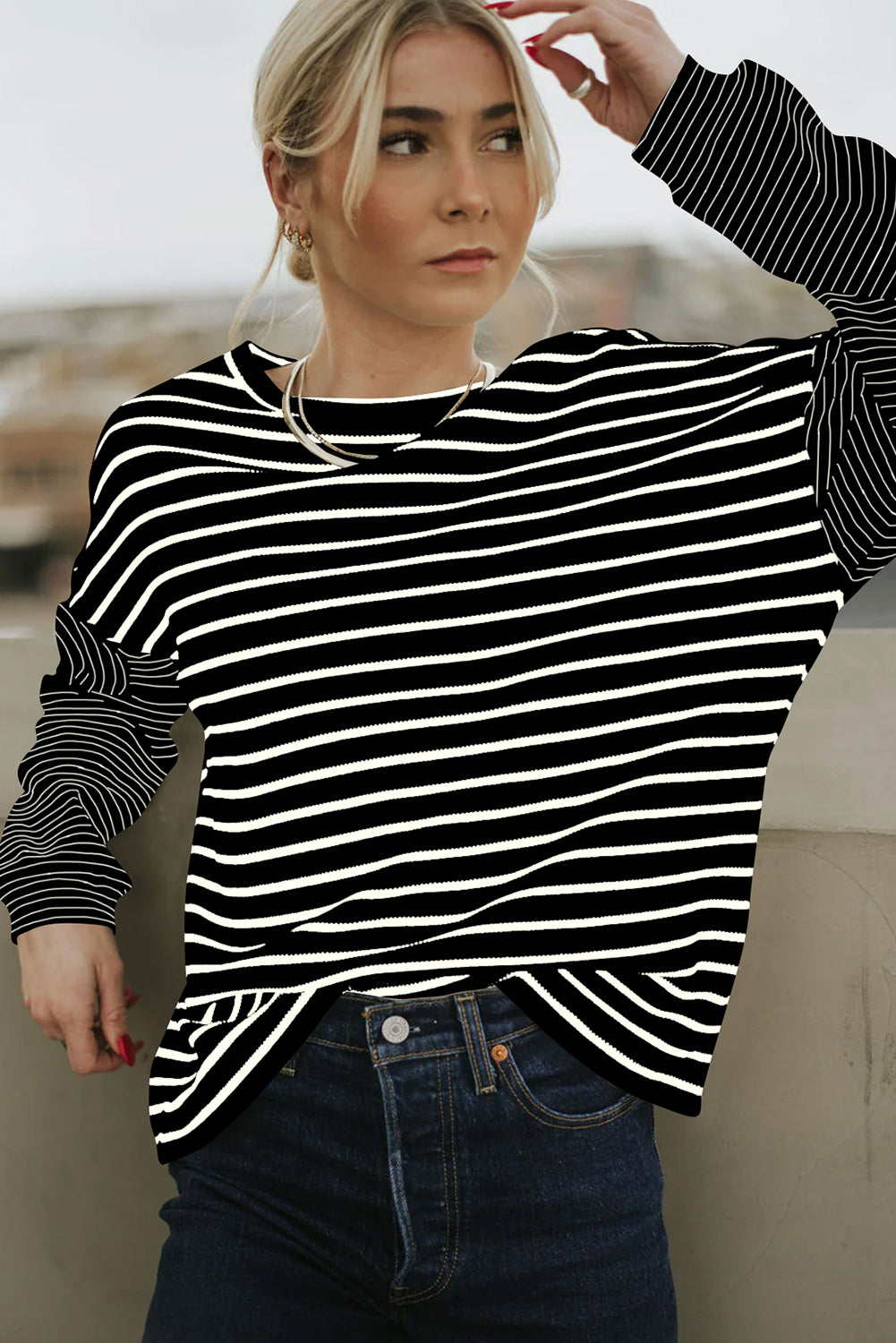 Blue Zone Planet | Black Striped Patchwork Loose Long Sleeve Tee-TOPS / DRESSES-[Adult]-[Female]-2022 Online Blue Zone Planet