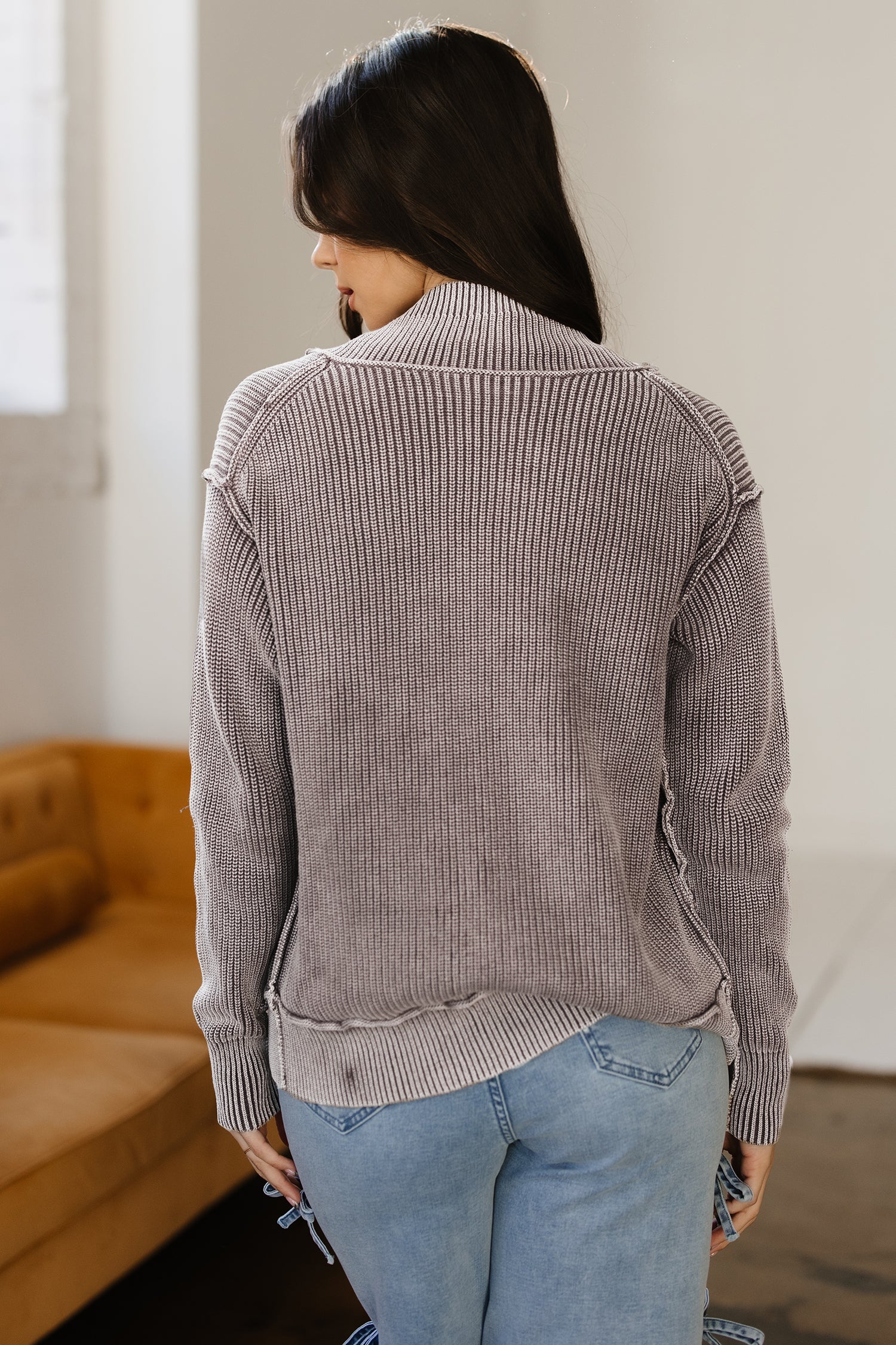 Dark Brown Mineral Wash Exposed Seam Patchwork Knit Open Sweater Cardigan-TOPS / DRESSES-[Adult]-[Female]-2022 Online Blue Zone Planet