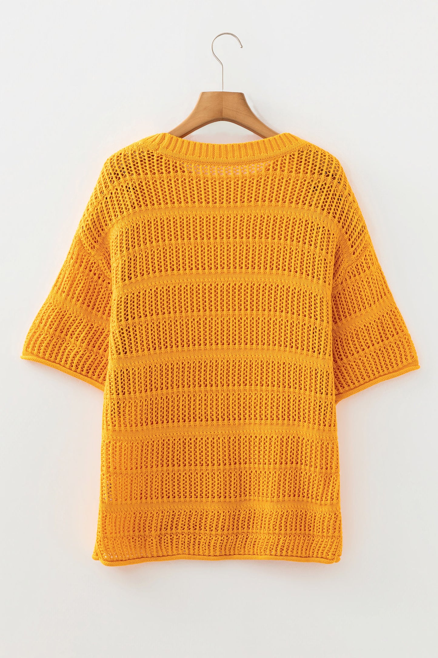 Mustard Hollow out Openwork Knit 3/4 Sleeve Sweater-TOPS / DRESSES-[Adult]-[Female]-2022 Online Blue Zone Planet