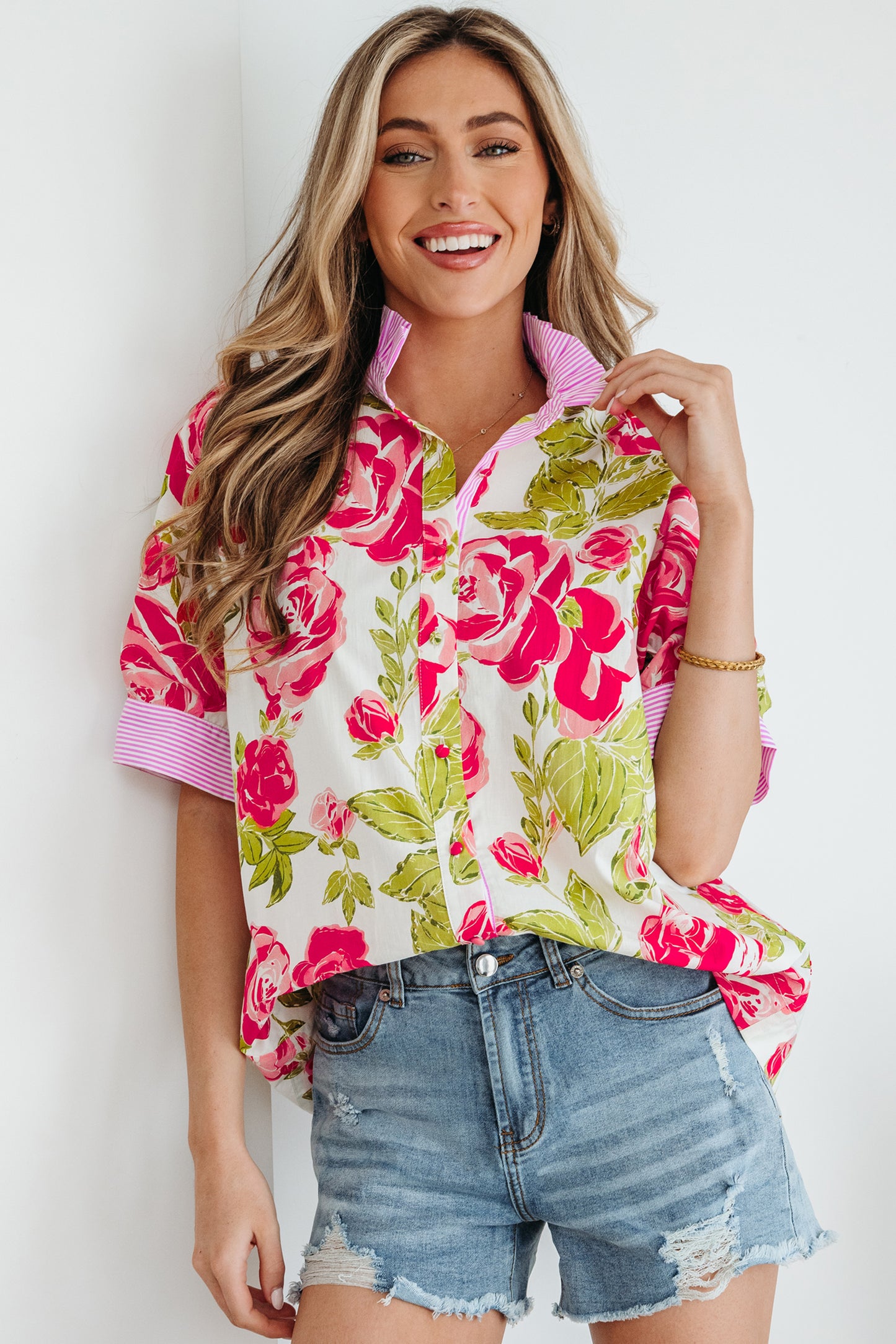 Pink Flower Print Striped Trim Frilled Collar Short Sleeve Shirt-Tops/Blouses & Shirts-[Adult]-[Female]-2022 Online Blue Zone Planet