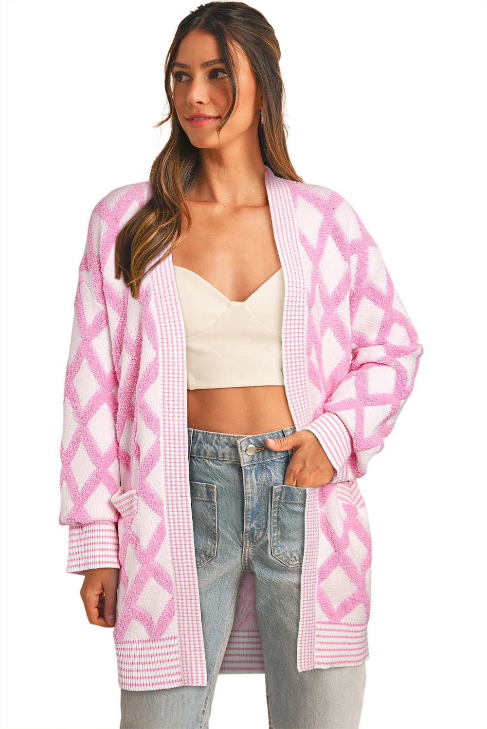 Blue Zone Planet |  Pink Rhombus Pattern Knit Open Front Pocketed Cardigans