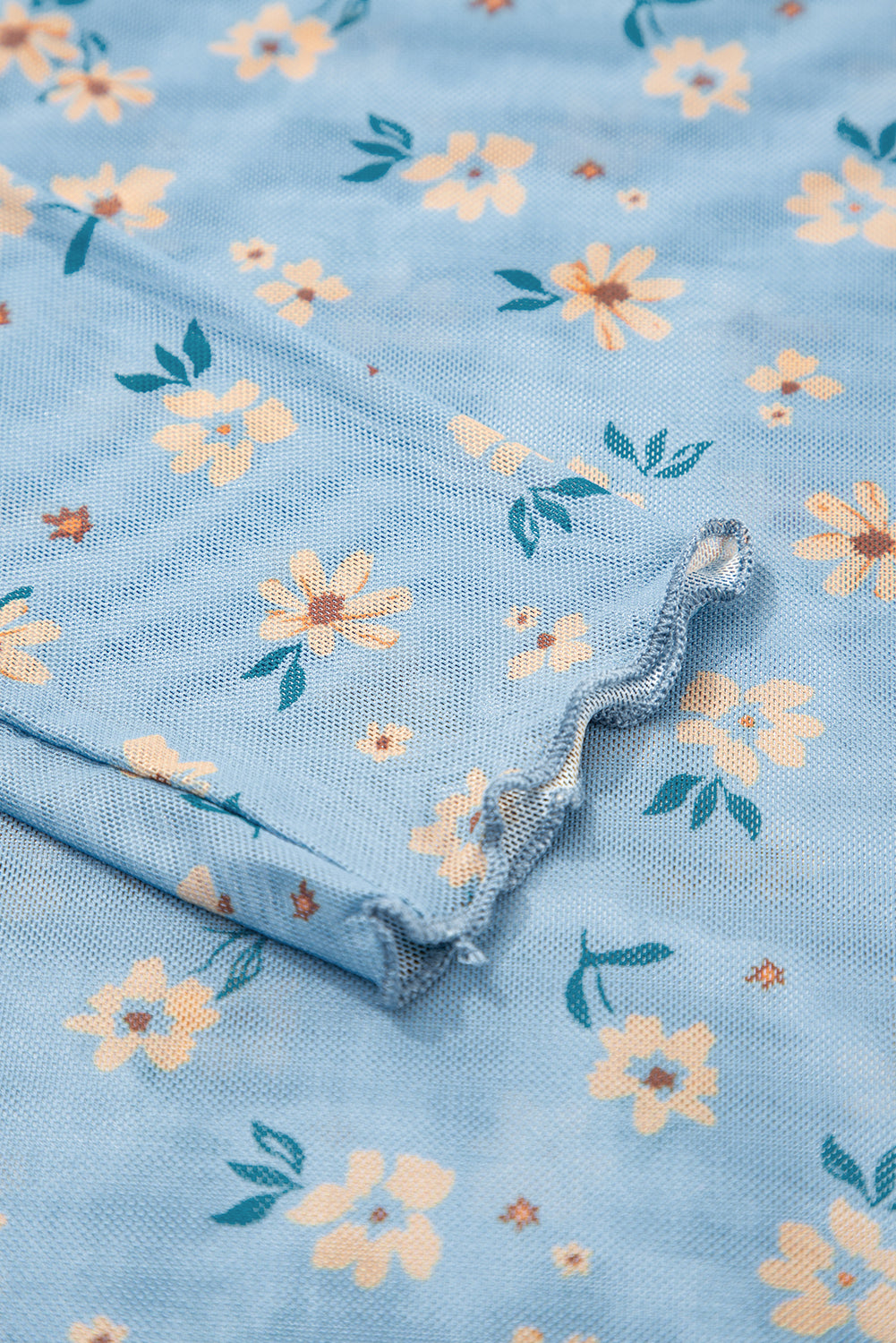 Sky Blue Vintage Floral Print Southern Style Mesh Long Sleeve Top-Tops/Long Sleeve Tops-[Adult]-[Female]-2022 Online Blue Zone Planet