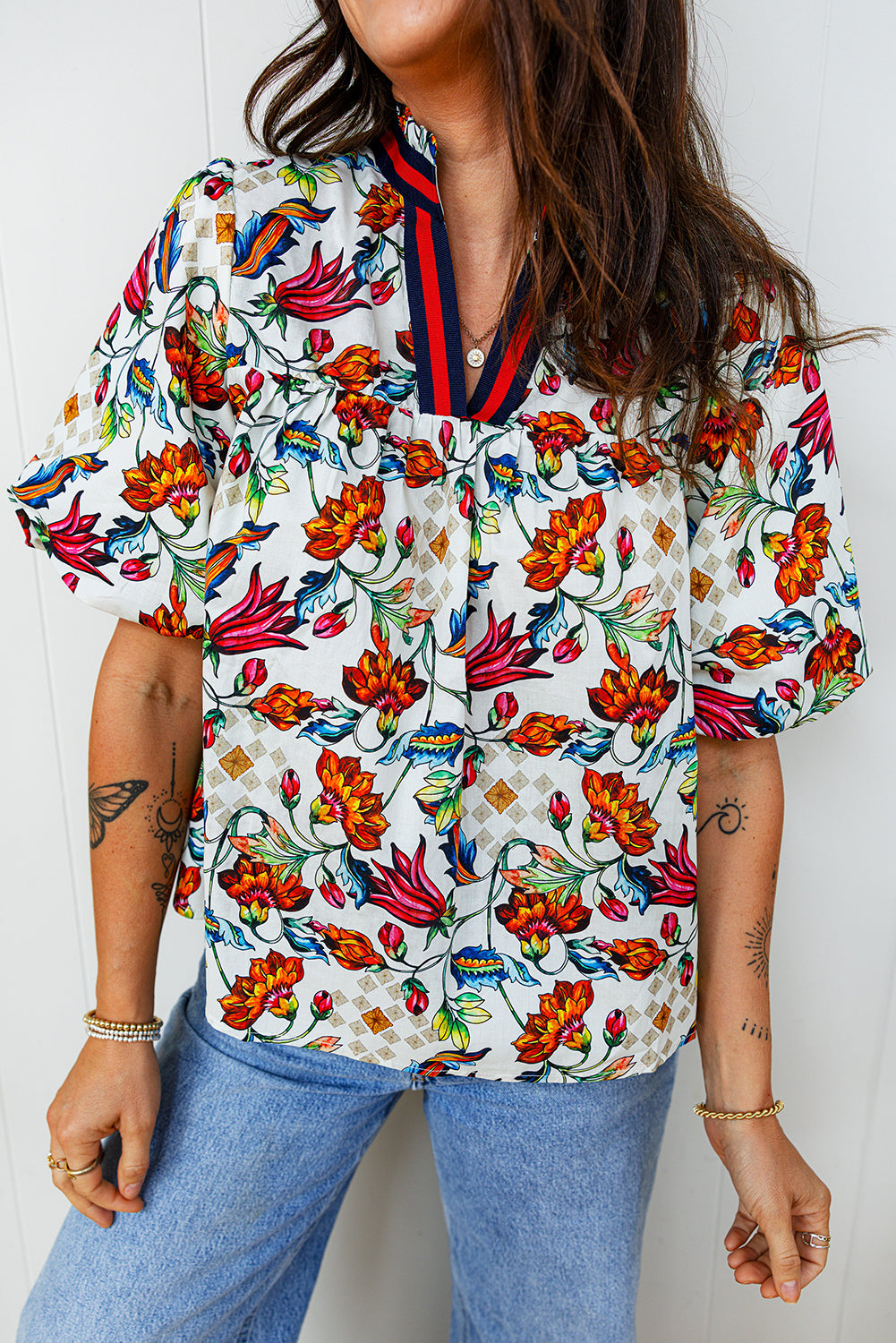 Multicolour Contrasted V Neckline Floral Puff Short Sleeve Blouse-Tops/Blouses & Shirts-[Adult]-[Female]-Multicolour-S-2022 Online Blue Zone Planet