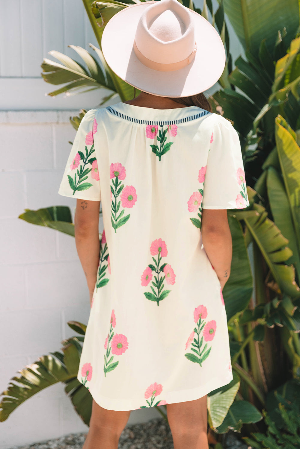 Apricot Floral Short Sleeve Split Neck Loose Mini Dress-TOPS / DRESSES-[Adult]-[Female]-2022 Online Blue Zone Planet