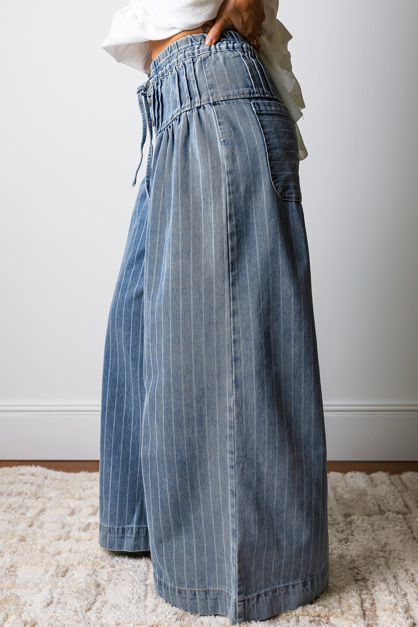 Sky Blue Stripe Button Pleated Drawstring Waist Casual Wide Leg Jeans-Bottoms/Jeans-[Adult]-[Female]-2022 Online Blue Zone Planet