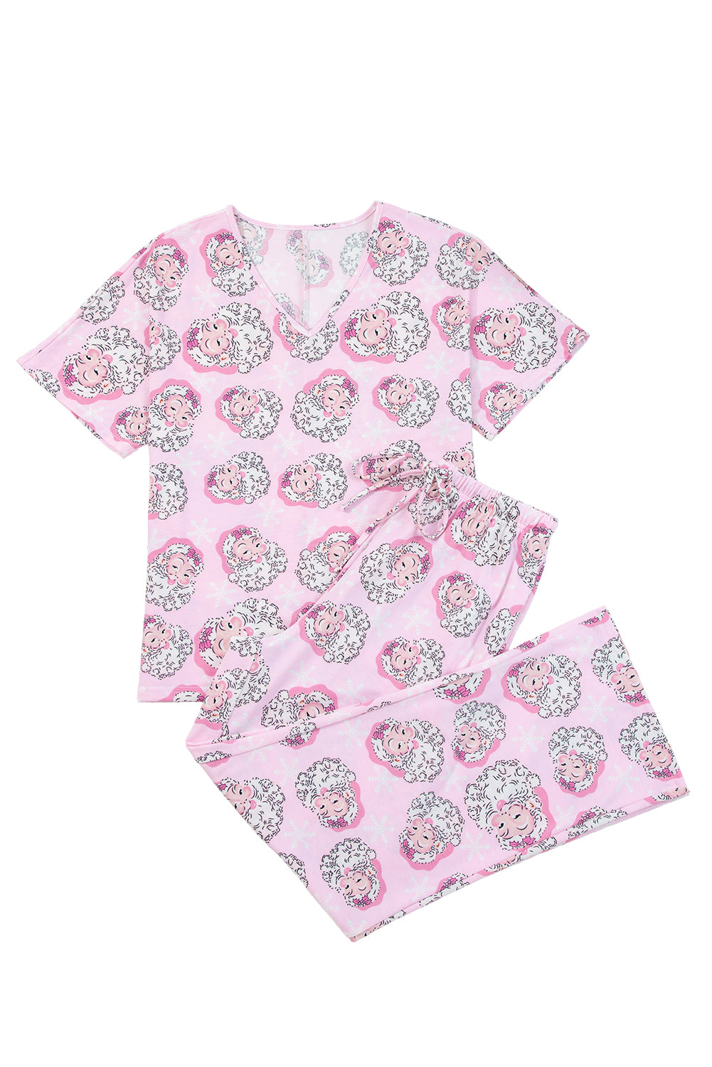 Pink Santa Claus Print V Neck Tee Drawstring Pants 2pcs Lounge Set-Loungewear & Sleepwear/Loungewear-[Adult]-[Female]-2022 Online Blue Zone Planet