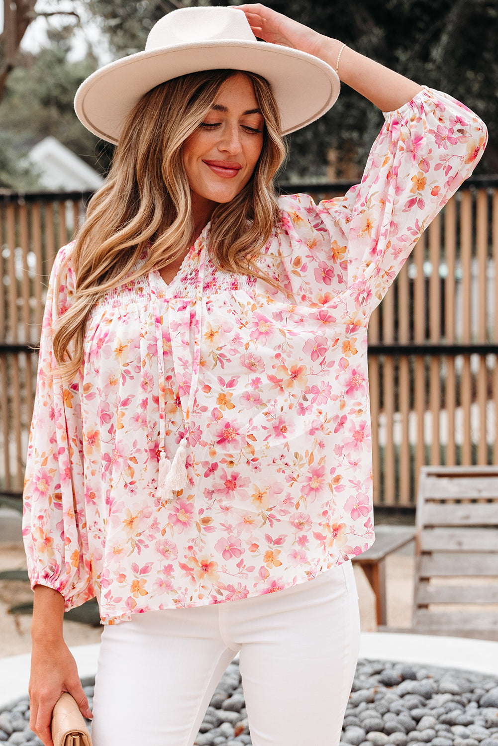 Pink Floral Print Tassel Tie Smocked V Neck Puff Sleeve Tunic Blouse-Tops/Blouses & Shirts-[Adult]-[Female]-2022 Online Blue Zone Planet