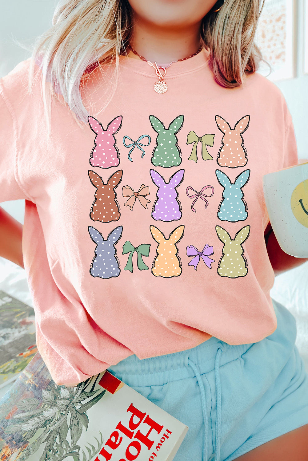 Pink Dotty Bunny Bow Printed Easter Day Fashion T Shirt-Graphic/Graphic Tees-[Adult]-[Female]-Pink-S-2022 Online Blue Zone Planet