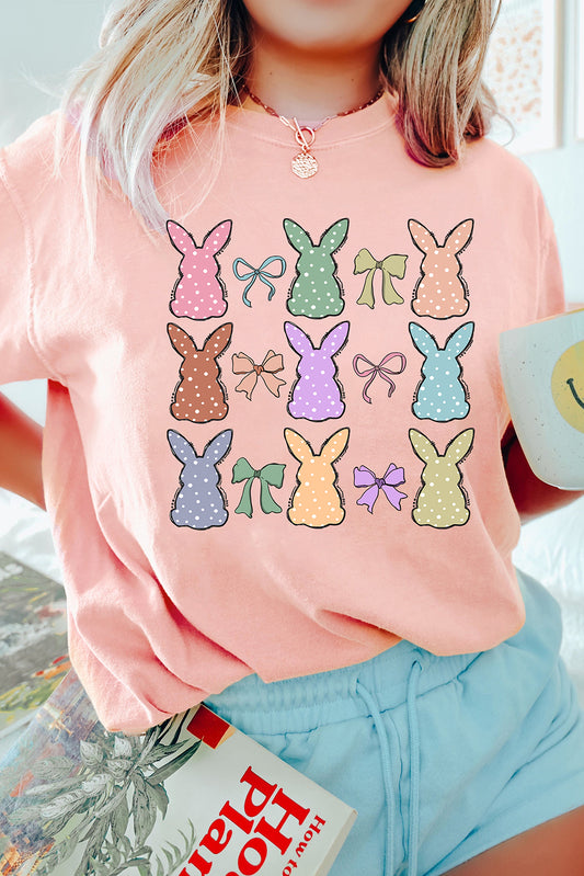 Pink Dotty Bunny Bow Printed Easter Day Fashion T Shirt-Graphic/Graphic Tees-[Adult]-[Female]-Pink-S-2022 Online Blue Zone Planet