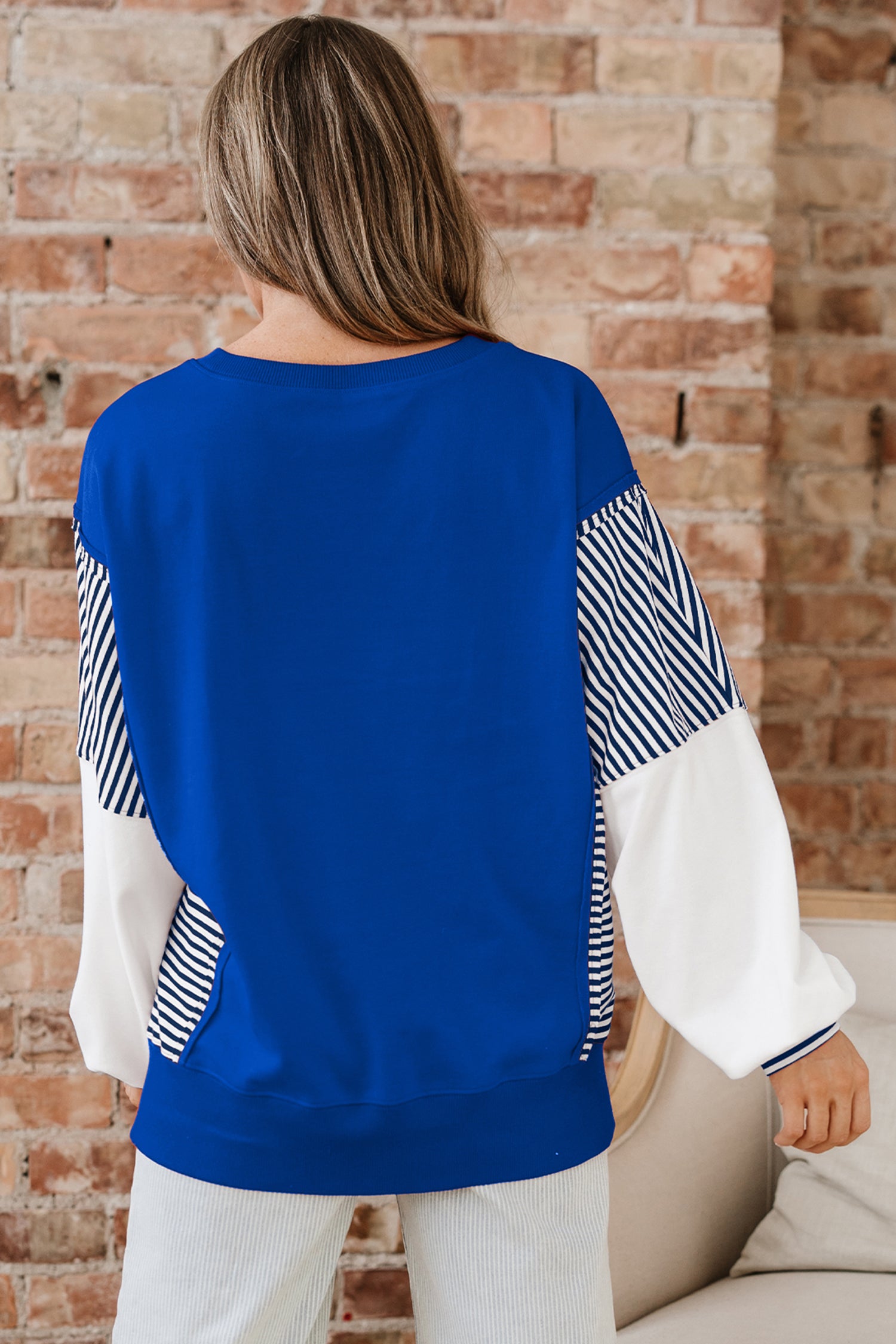 Dark Blue Striped Patchwork Sleeve Colorblock Sweatshirt-Tops/Sweatshirts & Hoodies-[Adult]-[Female]-2022 Online Blue Zone Planet