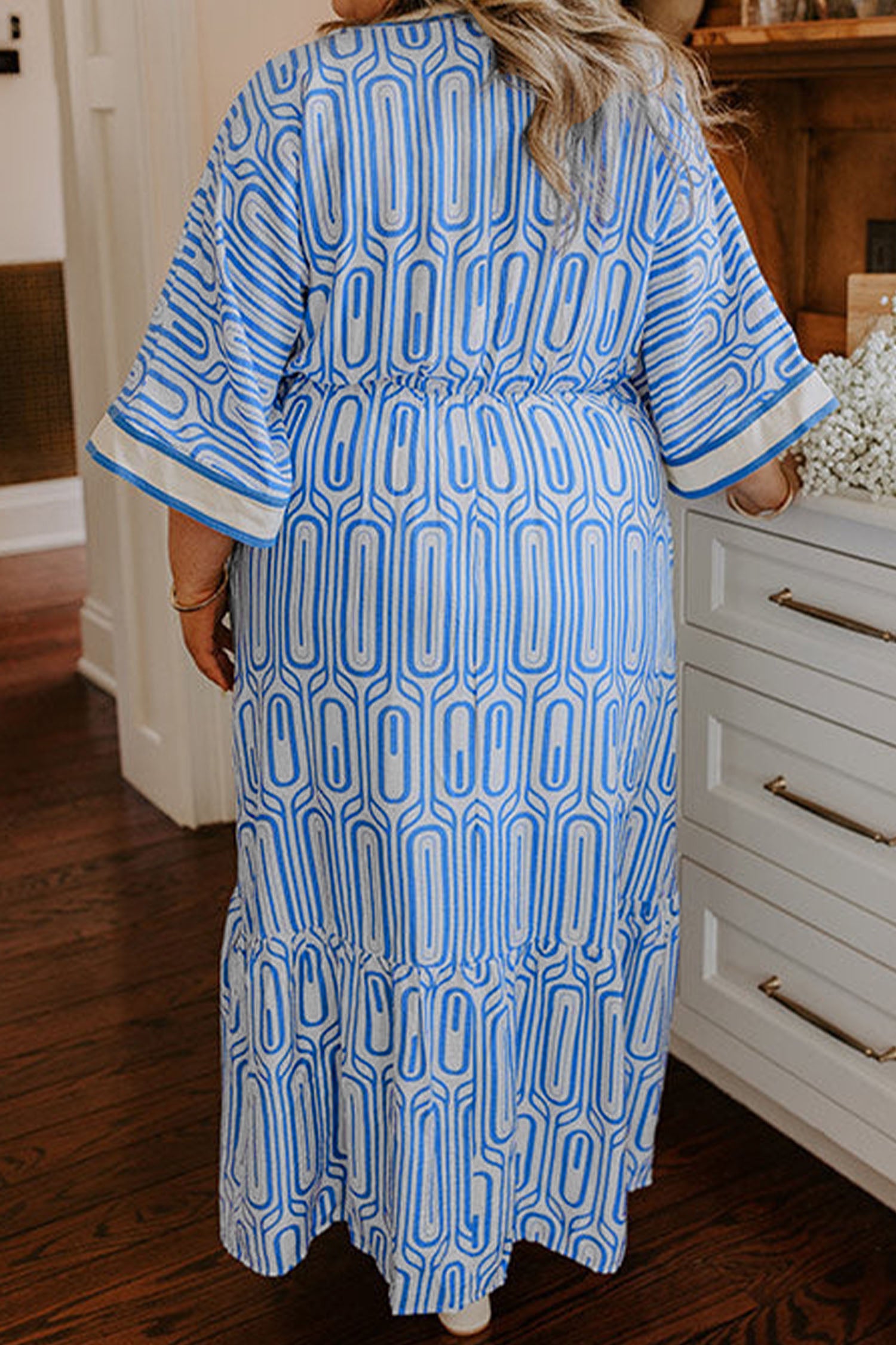 Sky Blue Plus Size Geometric Print Contrast Trim V Neck Bracelet Sleeve Long Dress-TOPS / DRESSES-[Adult]-[Female]-2022 Online Blue Zone Planet