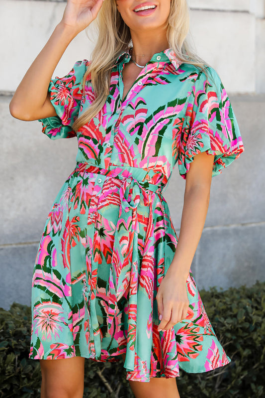 Green Abstract Print Lace-up High Waist Buttoned Mini Dress-TOPS / DRESSES-[Adult]-[Female]-Green-S-2022 Online Blue Zone Planet