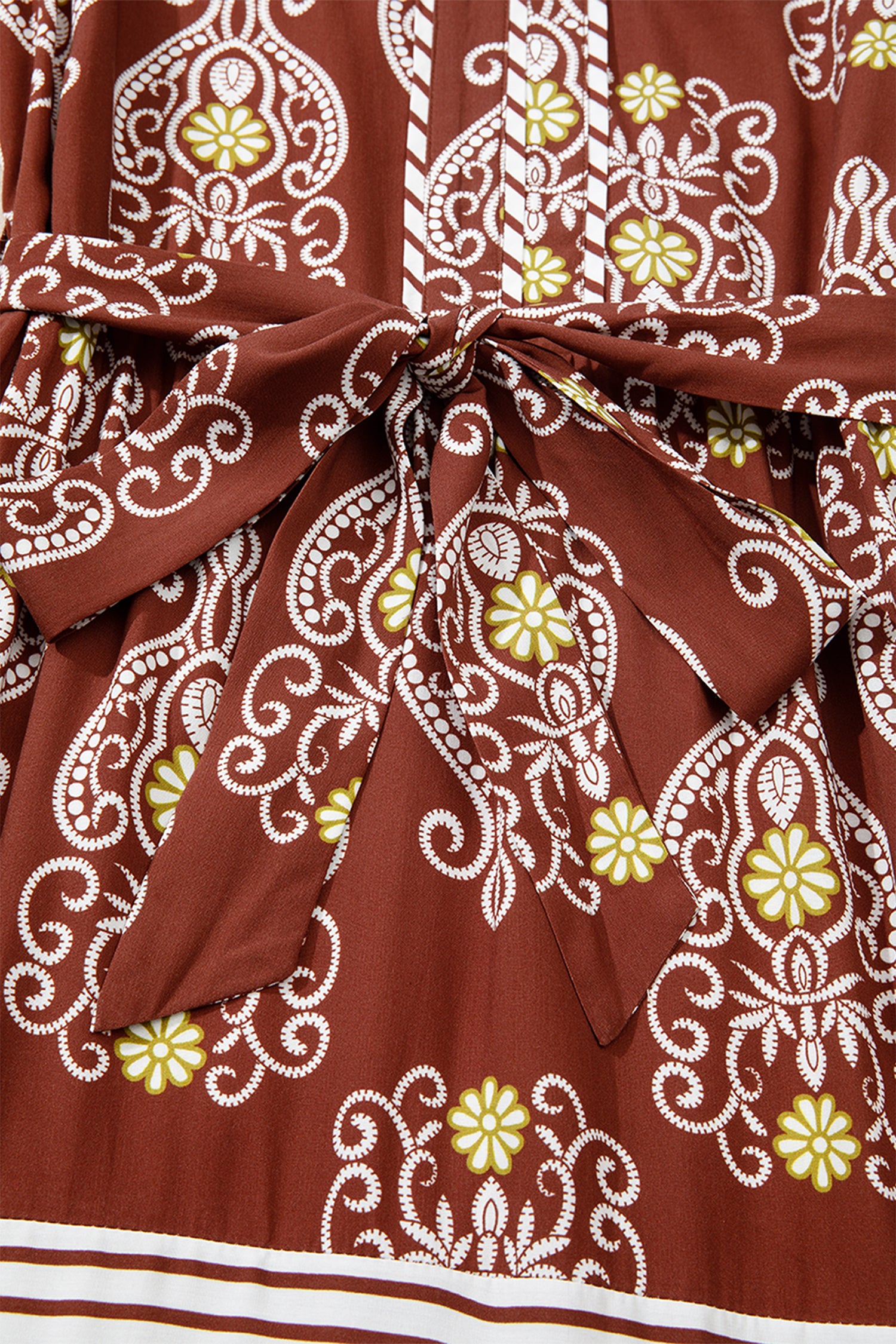 Brown Floral Print Belted Striped Trim Tiered Maxi Dress-TOPS / DRESSES-[Adult]-[Female]-2022 Online Blue Zone Planet