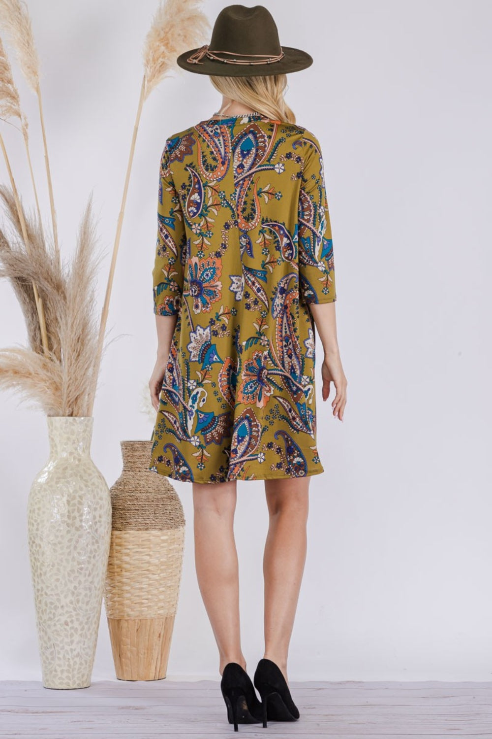 Celeste Full Size Paisley Print Round Neck Dress with Pockets-TOPS / DRESSES-[Adult]-[Female]-2022 Online Blue Zone Planet