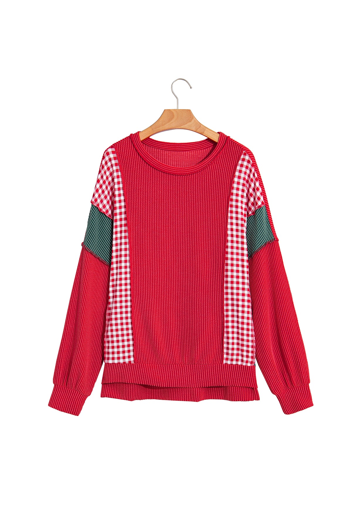 Fiery Red Patchwork Plaid Colorblock Twist Rib Round Neck Long Sleeve Top-Tops/Long Sleeve Tops-[Adult]-[Female]-2022 Online Blue Zone Planet