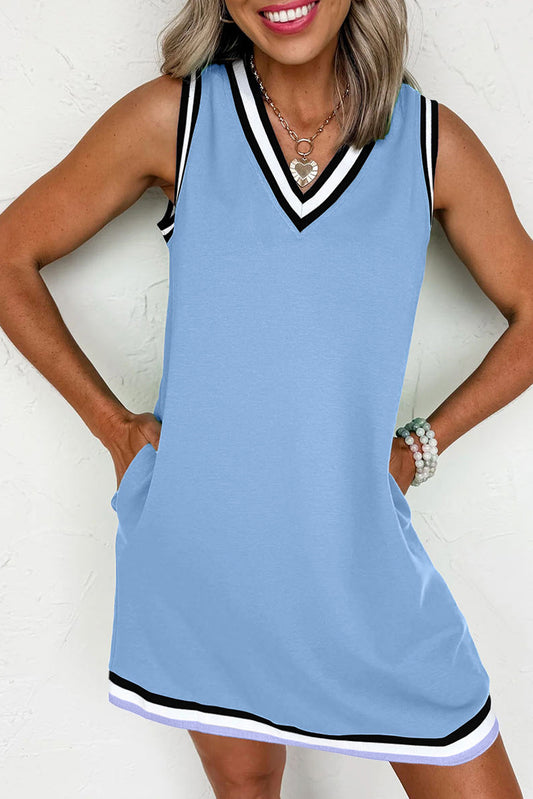 Myosotis Color Contrast Trim V Neck Shift Sleeveless Mini Dress-Dresses/Mini Dresses-[Adult]-[Female]-Myosotis-S-2022 Online Blue Zone Planet