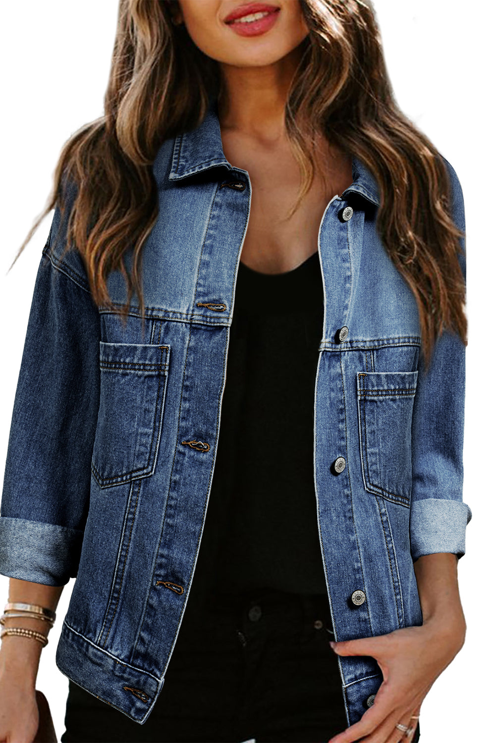 Blue Zone Planet | Sky Blue Stripe Washed Oversized Pocketed Denim Jacket-Jackets-[Adult]-[Female]-2022 Online Blue Zone Planet