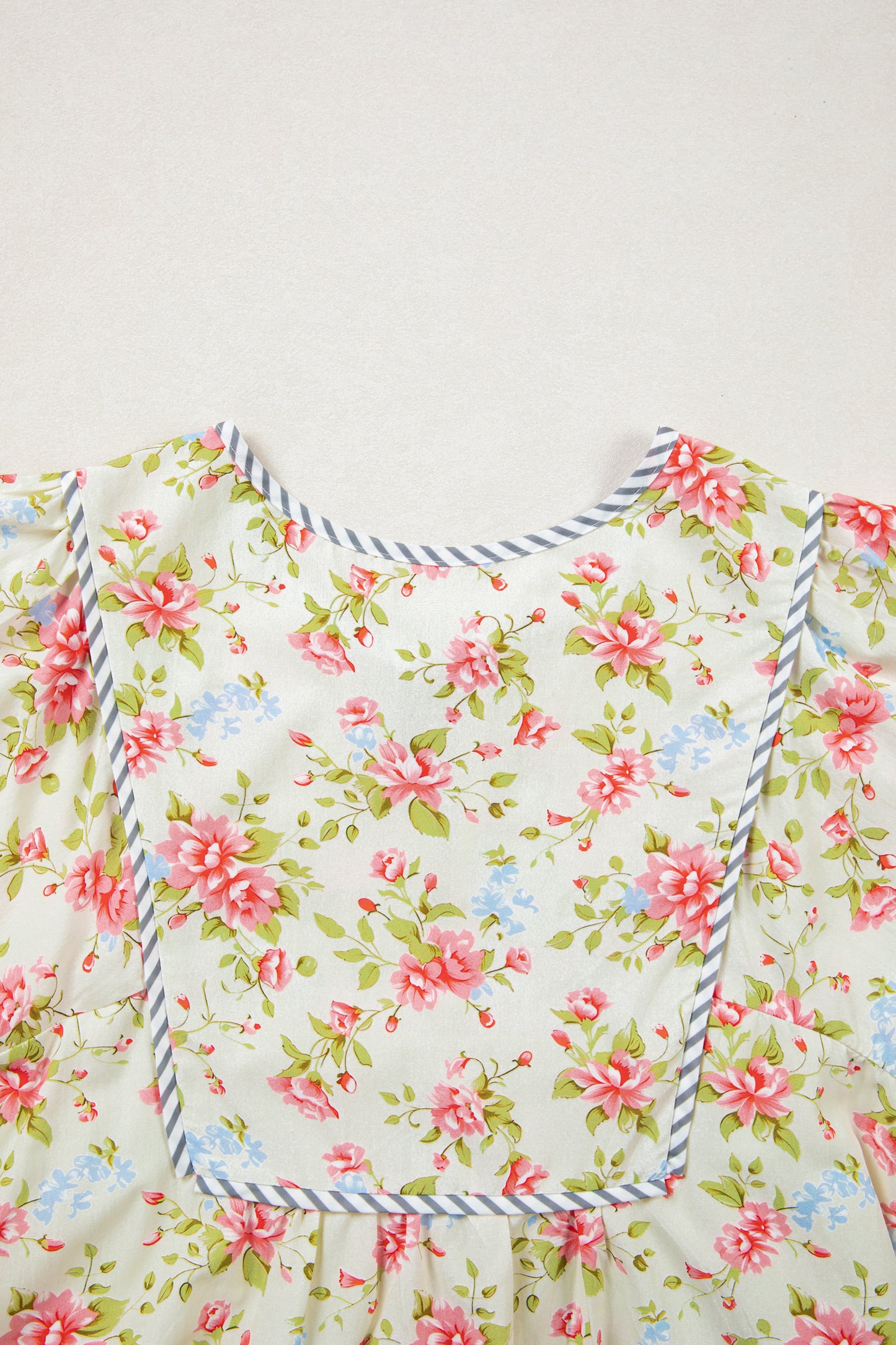 Apricot Striped Edge 3/4 Puff Sleeve Floral Dress-TOPS / DRESSES-[Adult]-[Female]-2022 Online Blue Zone Planet
