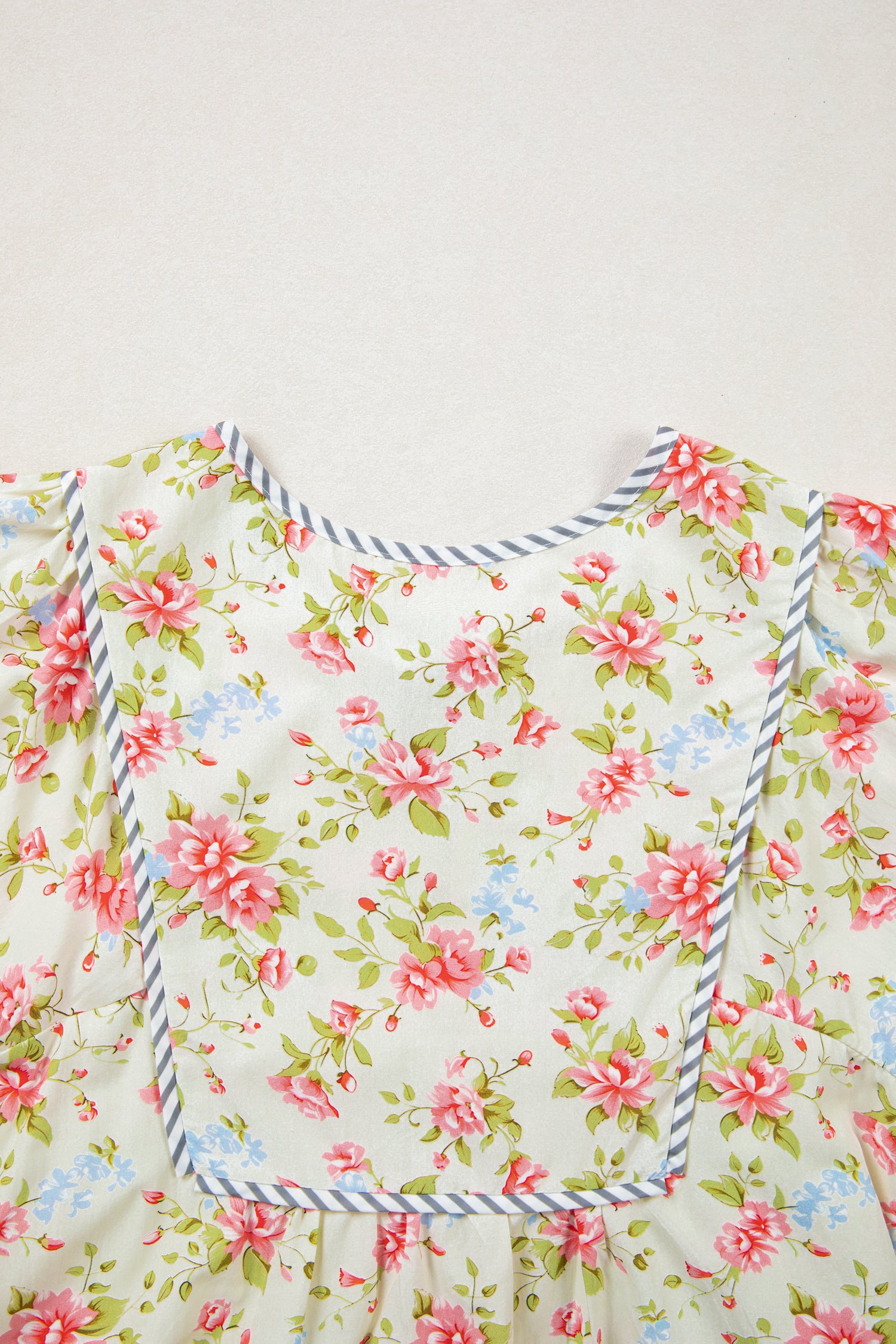 Apricot Striped Edge 3/4 Puff Sleeve Floral Dress-TOPS / DRESSES-[Adult]-[Female]-2022 Online Blue Zone Planet