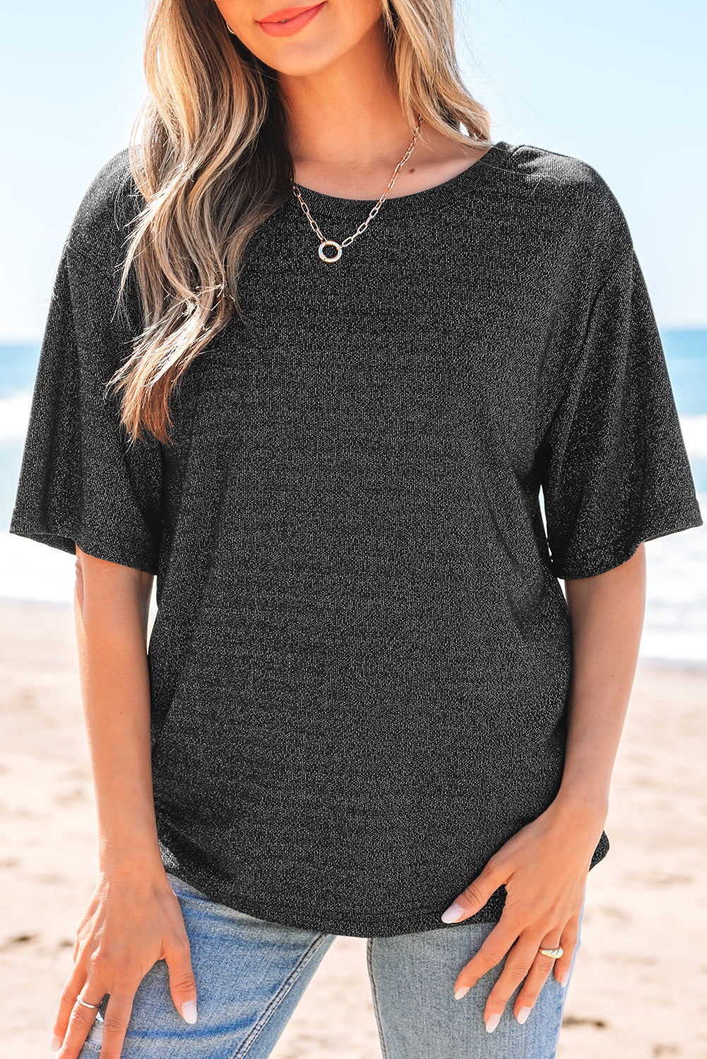 Black Bow Decor Glittery Short Sleeve Top-Tops/Tops & Tees-[Adult]-[Female]-2022 Online Blue Zone Planet
