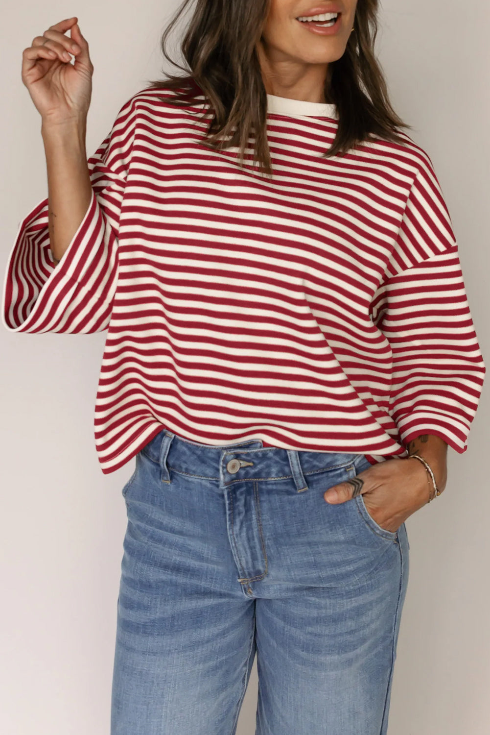 Red Stripe Bowknot Cutout Back Drop Shoulder Wide Bracelet Sleeve Loose Tee-Bracelet-[Adult]-[Female]-2022 Online Blue Zone Planet