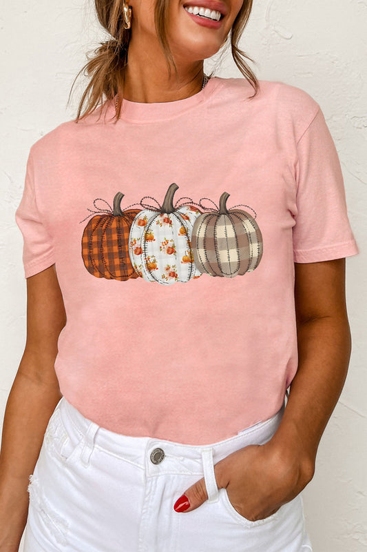 Pink Mix Pattern Pumpkin Print Round Neck T Shirt-Graphic/Graphic Tees-[Adult]-[Female]-Pink-S-2022 Online Blue Zone Planet
