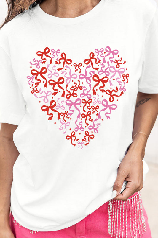 White Bowknot Heart Printed Crewneck Valentines Tee-Graphic Tees-[Adult]-[Female]-White-S-2022 Online Blue Zone Planet