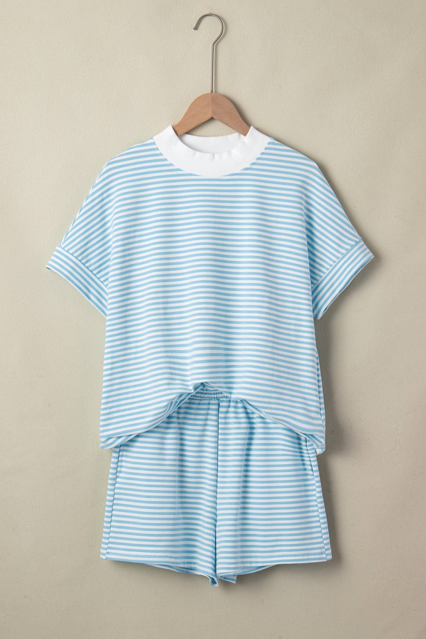 Pink Stripe Cuffed Sleeve Contrast Mock Neck Tee Casual 2pcs Short Set-Two Piece Sets/Short Sets-[Adult]-[Female]-2022 Online Blue Zone Planet